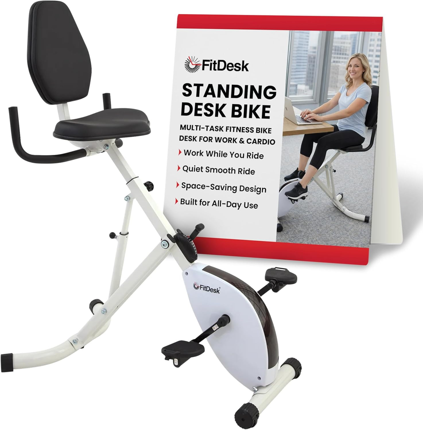 Adjustable Standing Exercise Bike Desk with Laptop Tray, Supports 300 Lbs