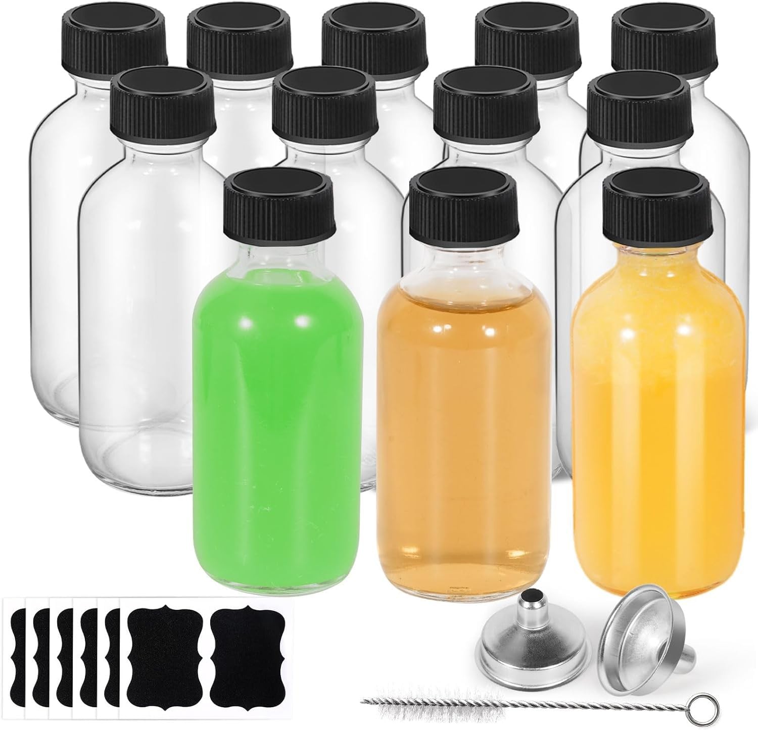 2oz Glass Bottles with Lids Funnels, Brush, Labels Leakproof Round Containers