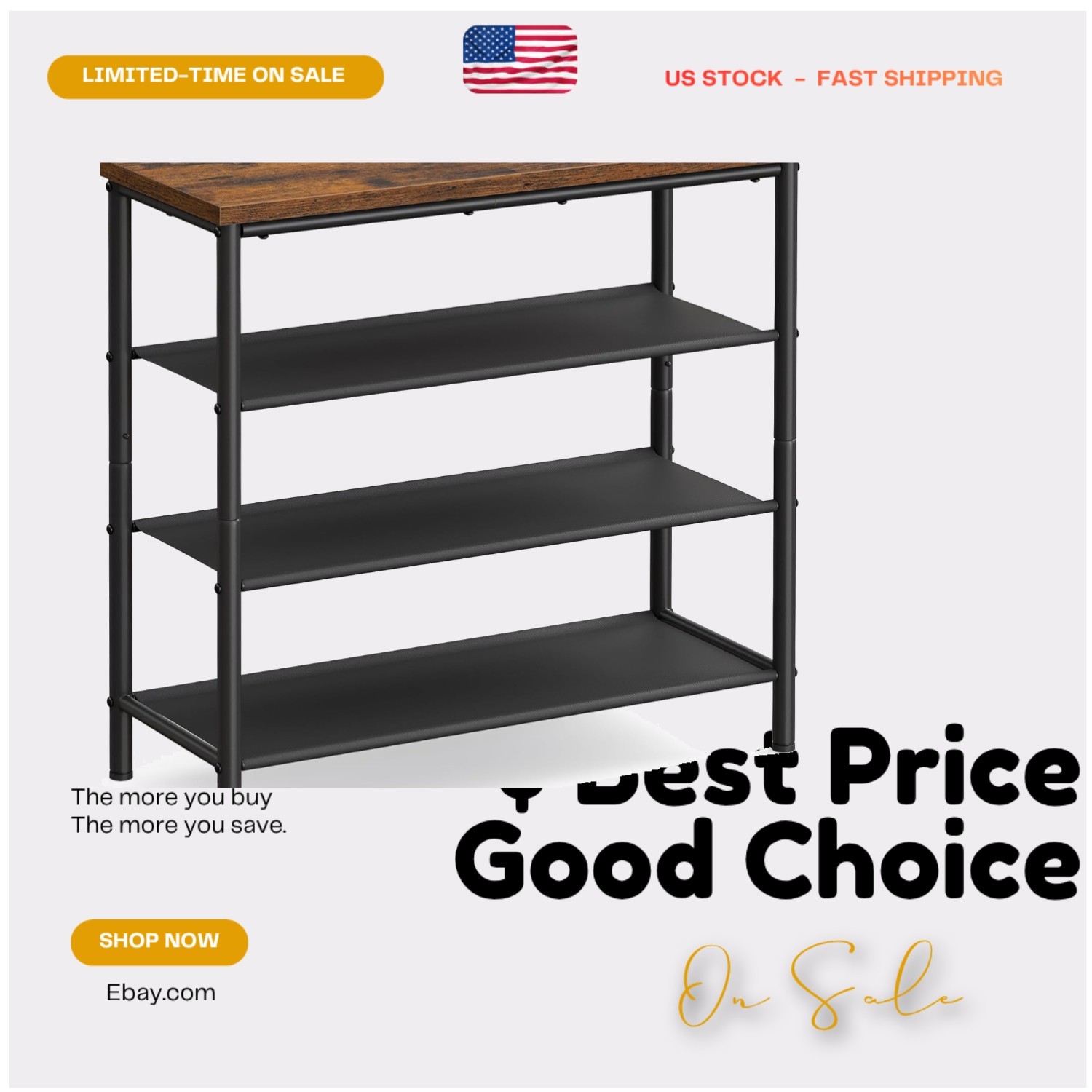 4-Tier Shoe Storage Organizer, 3 Fabric Shelves, Steel Frame, Rustic Brown Black