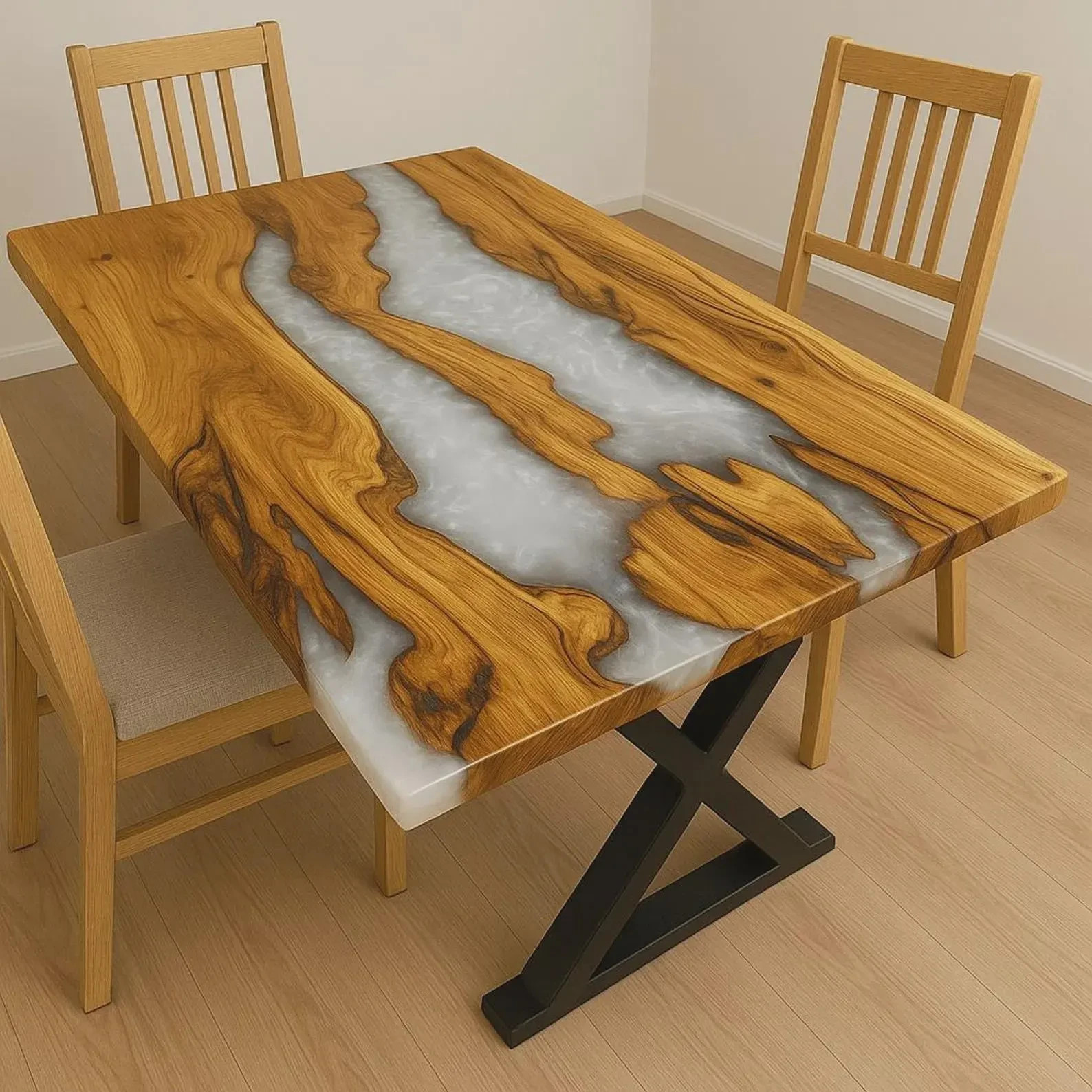 White Epoxy River Table Top Live Edge Wood Dining Handmade