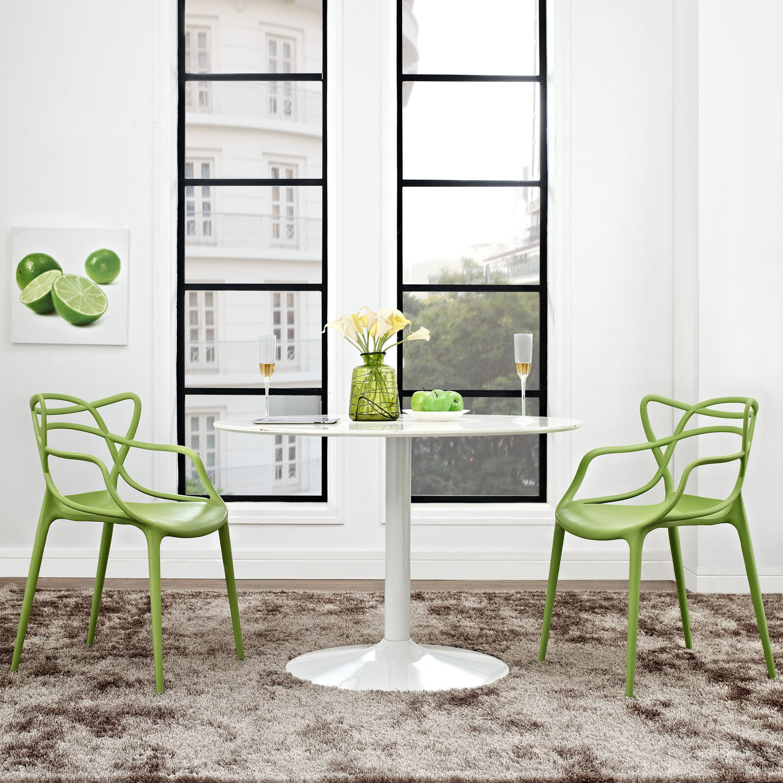 Modway Entangled Modern Molded Plastic Two Dining Armchairs in Green