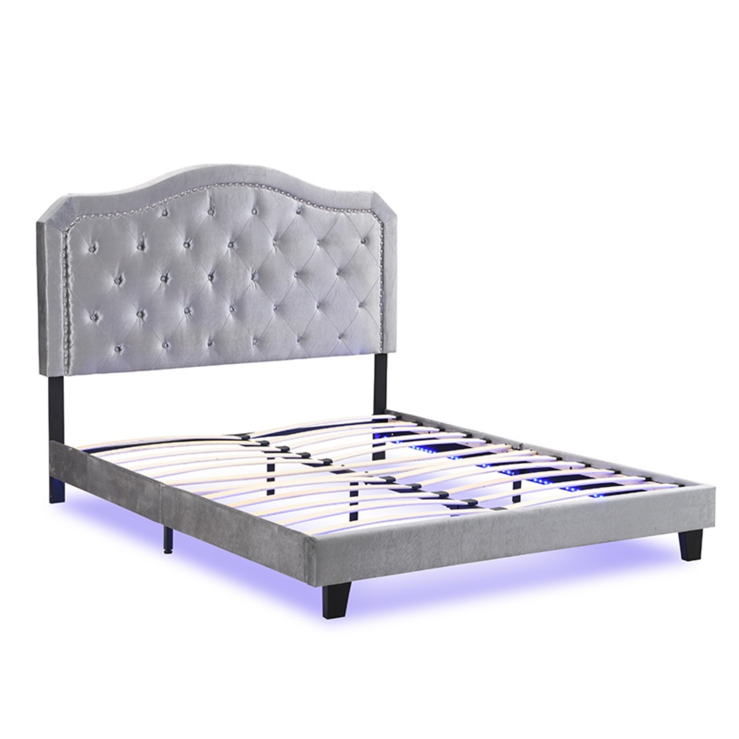 Queen Size Bed Frame Upholstered Platform Bed with LED Lights Black/Light Gray