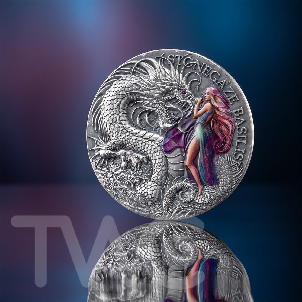 Stonegaze Basilisk The Dragonology 2 oz Antique finish Silver Coin Cameroon 2025