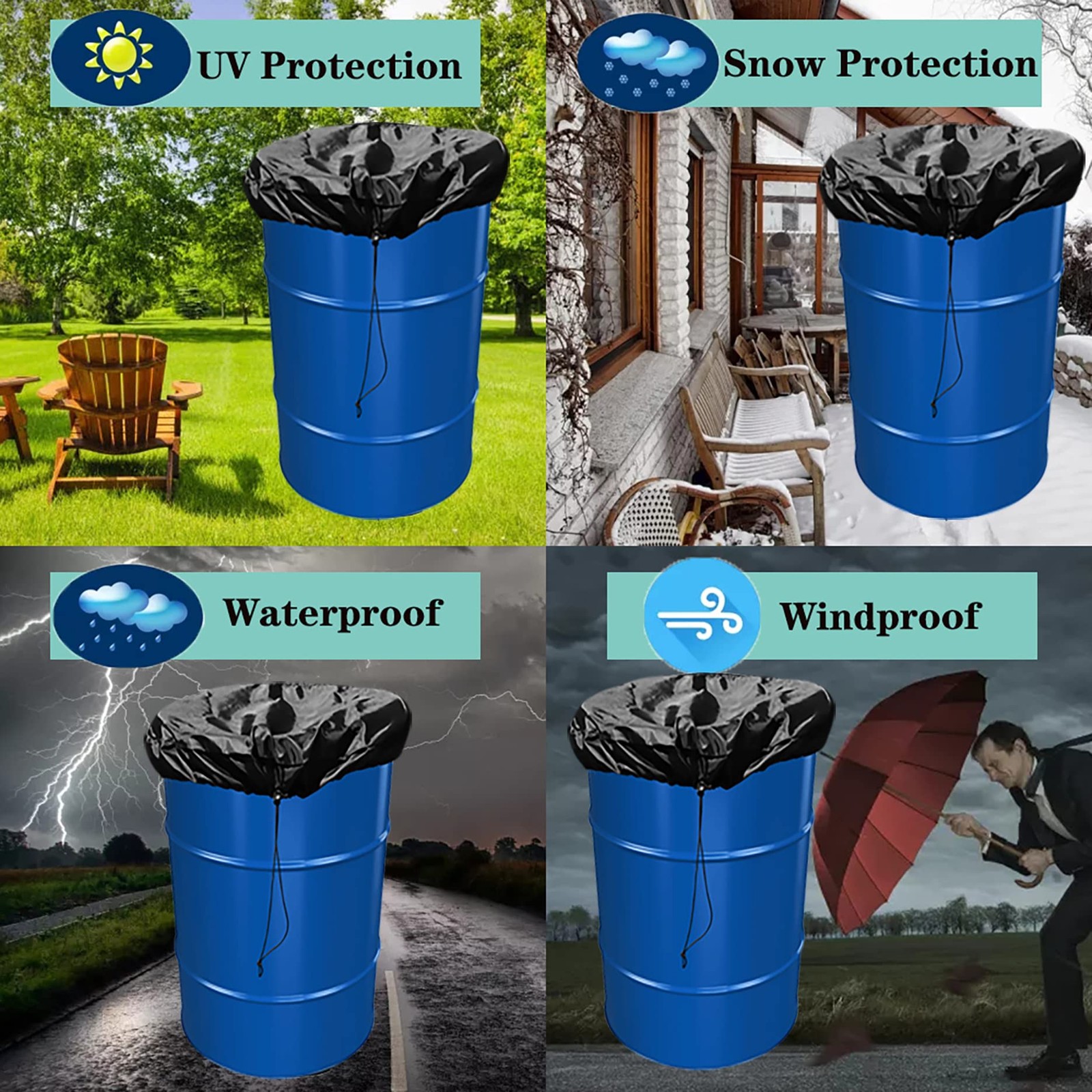 55 Gallon Drum Cover - Stretchable Adjustable Drum Cover with Drawstring, Oxf...
