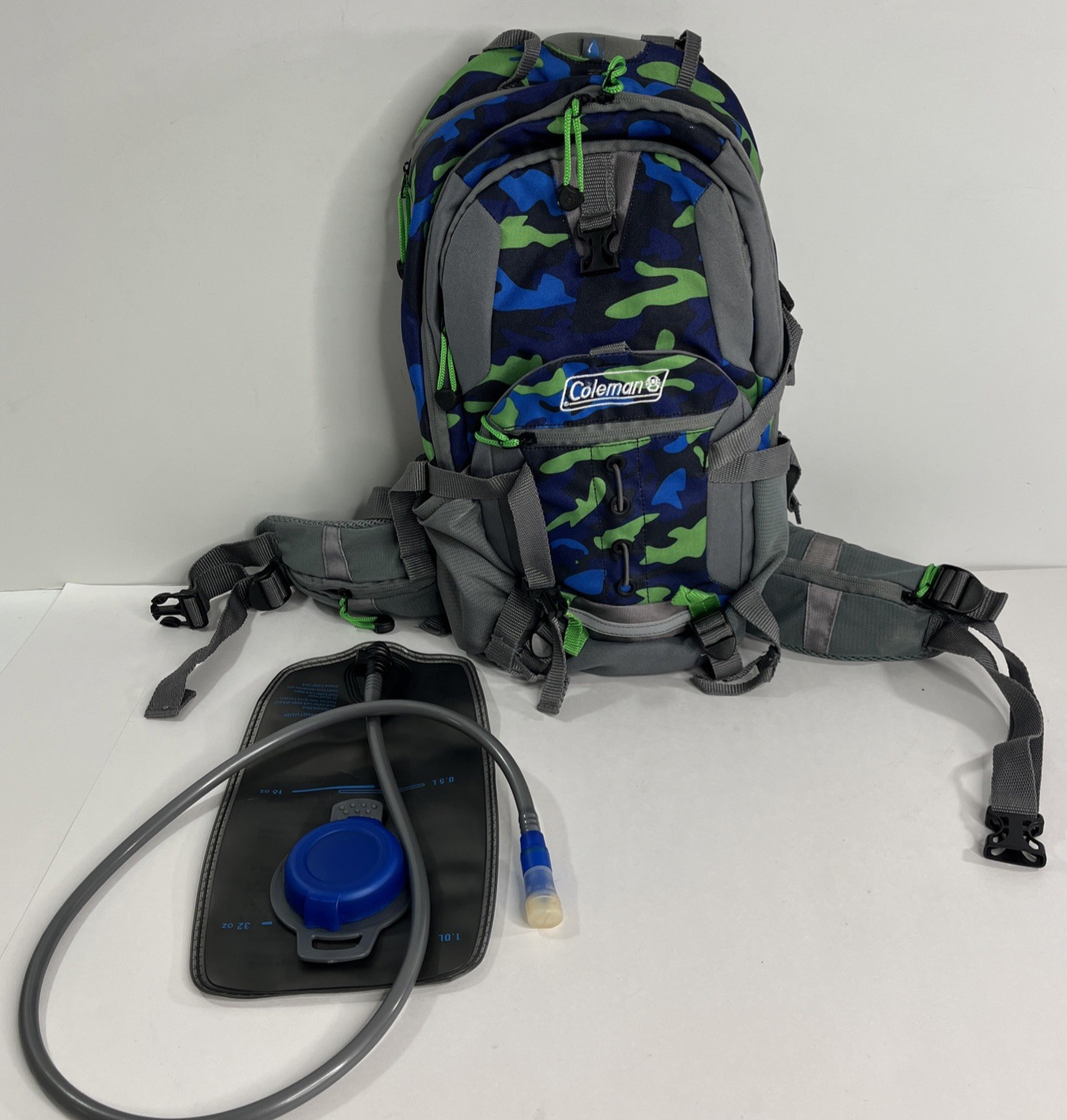 Coleman Kids' Gray Blue Camouflage Hiking Backpack W/ Hydration Pack bag