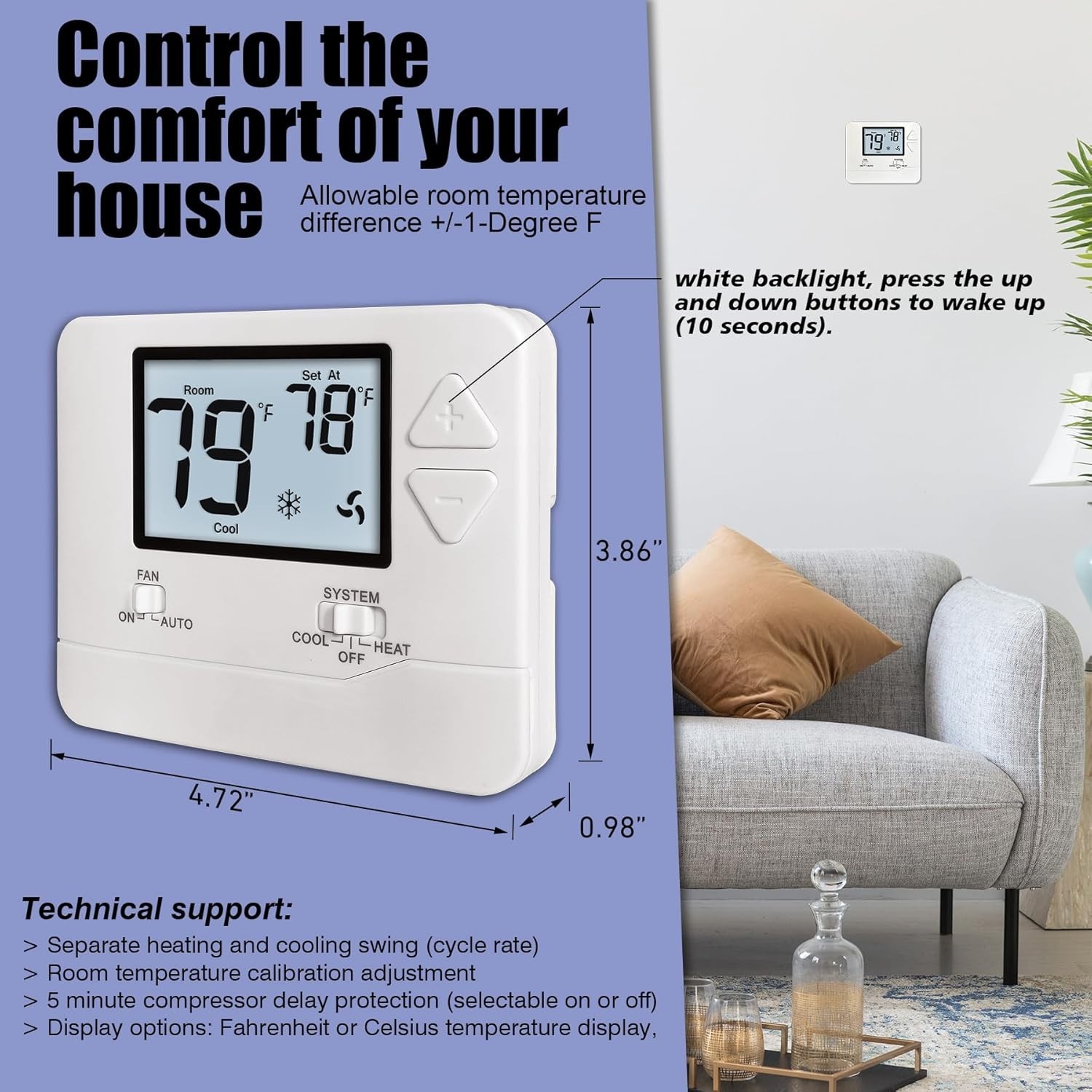 Versatile Non-Programmable Thermostat for Single-Stage Systems - White Display