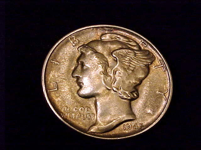 1945-D  Mercury Dime,  a toned, About Uncirculated Grade coin