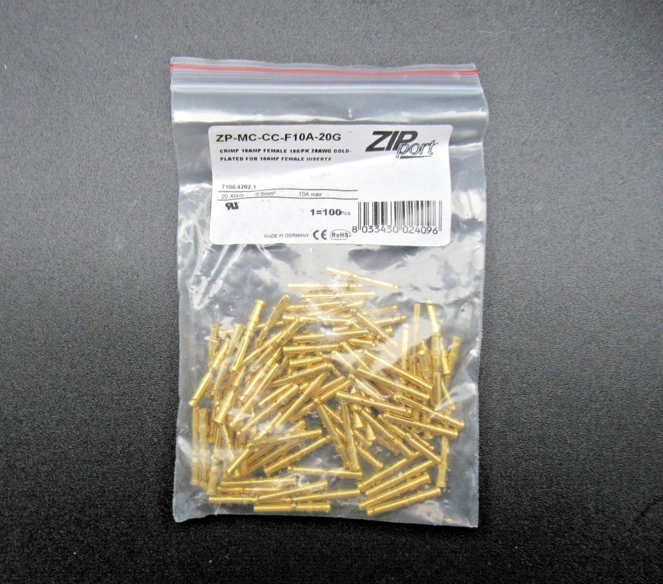 100 Pack AUTOMATION DIRECT Zipport ZP-MC-CC-F10A-20G Crimp 10A Female 20AWG Gold
