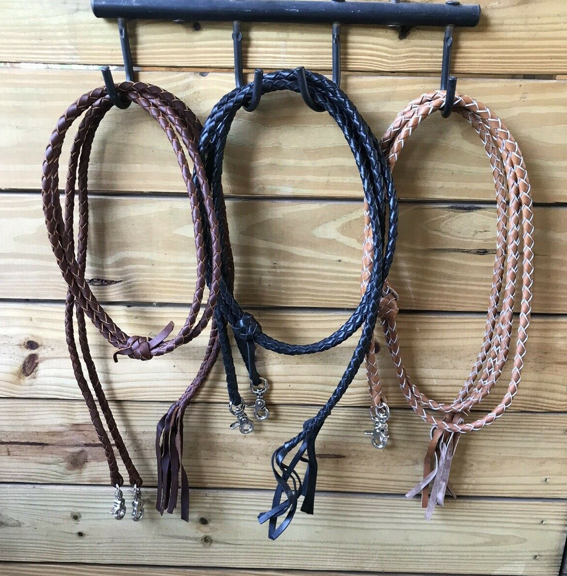 Western Round Braided Leather Split Reins w Scissor Clip Ends Black Light Brown