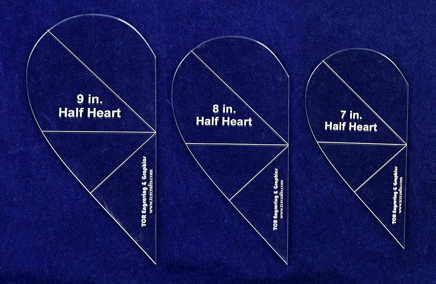 Half Heart Template 3 Piece Set 7, 8, 9 Inches Clear1/8 Inch Thick w/ Guidelines