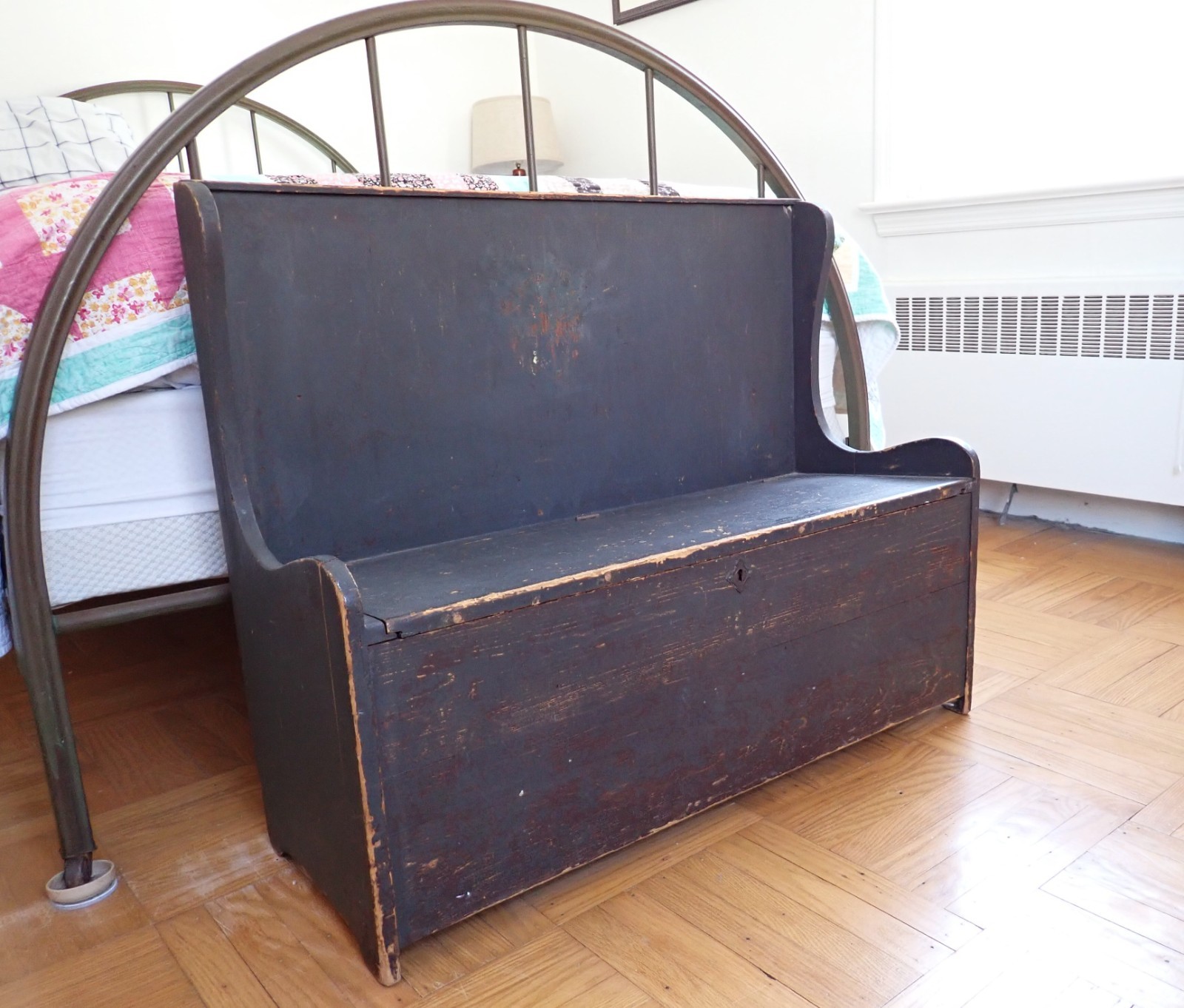 Antique Settle Wooden Bench w/ High Back & Storage Original Blue Black Stain