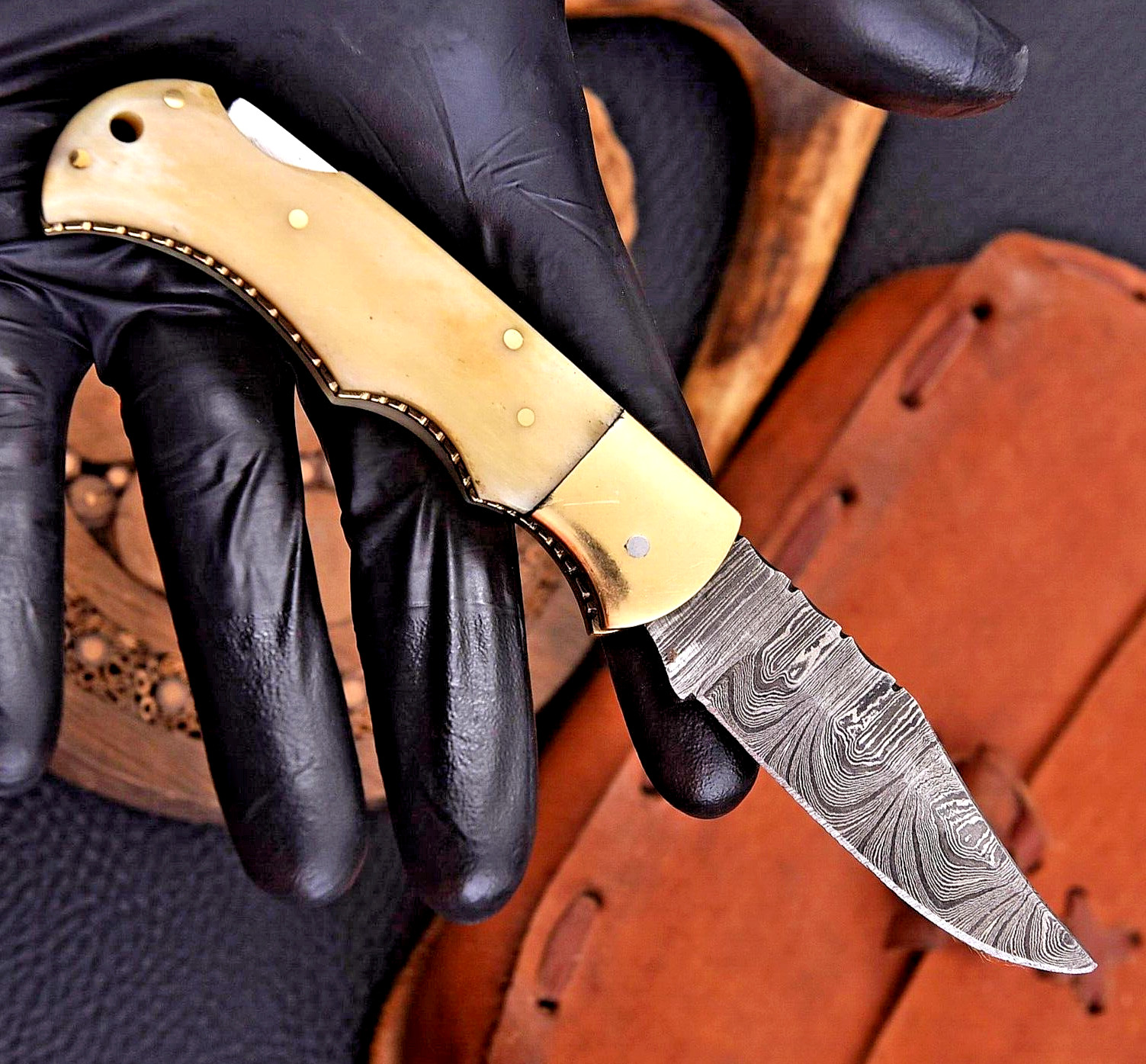 CUSTOM HAND MADE FORGED DAMASCUS STEEL BLADE FOLDING POCKET KNIFE 1329