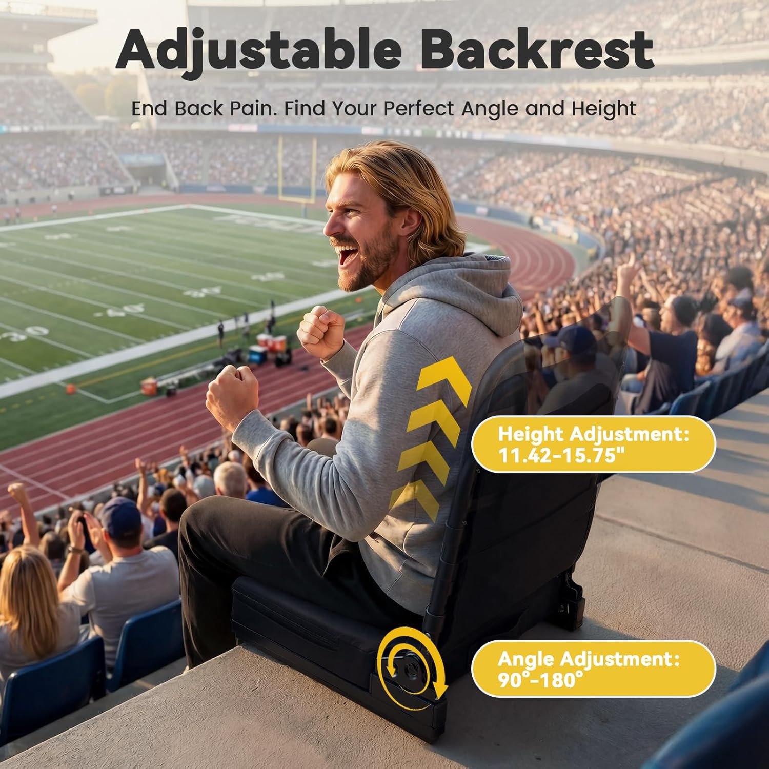 Heated Stadium Seat with Back Support Foldable Bleach Chair,Portable 90-180 °Ang