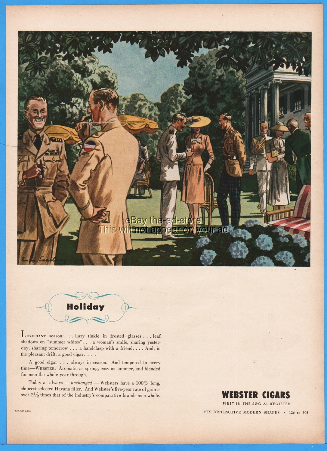 1944 Webster Cigars Holiday WWII Military Officers Leslie Saalburg Art Ad
