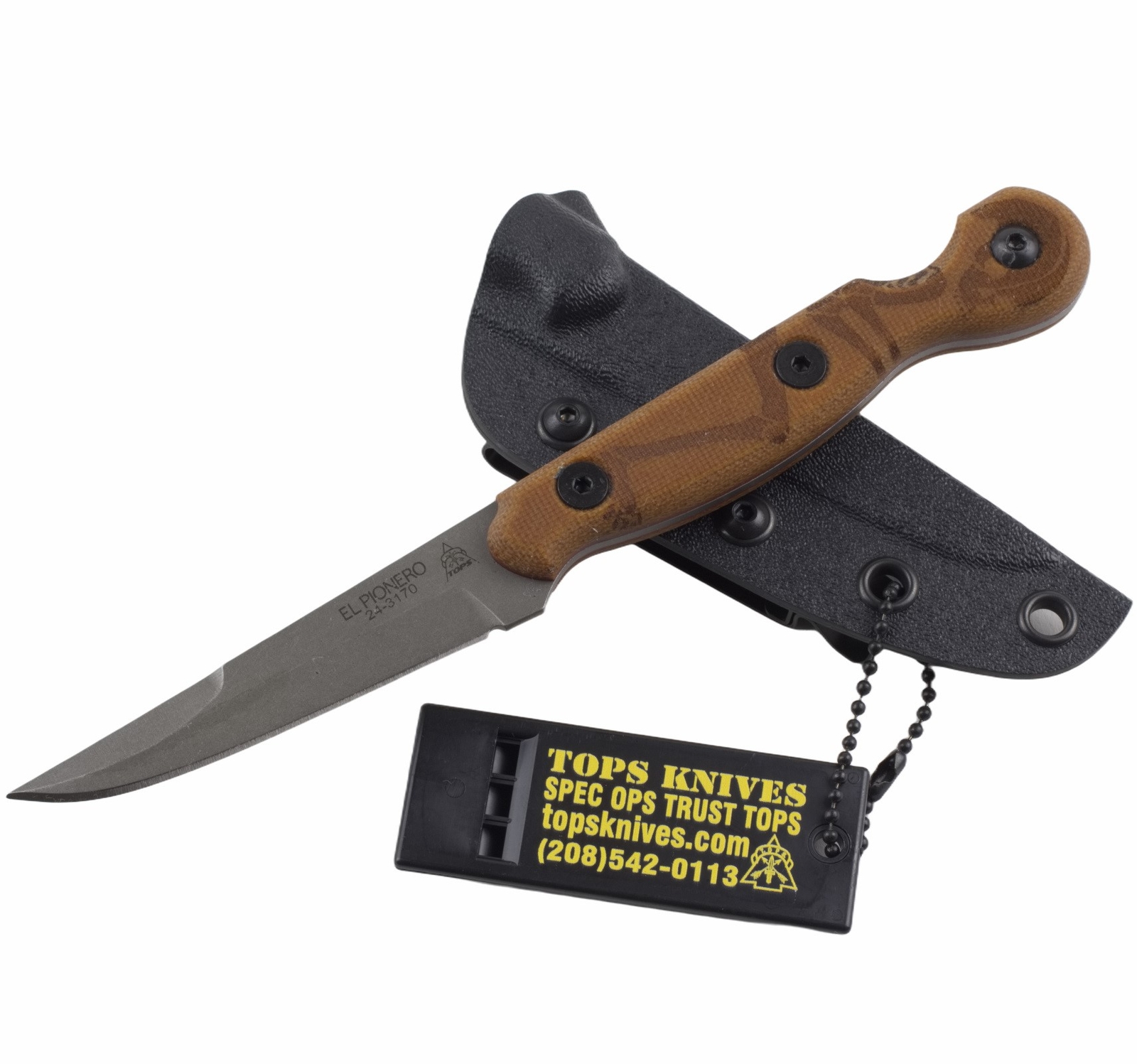 TOPS El Pionero Fixed Blade Knife Tan Canvas Micarta Handle Finger Divot