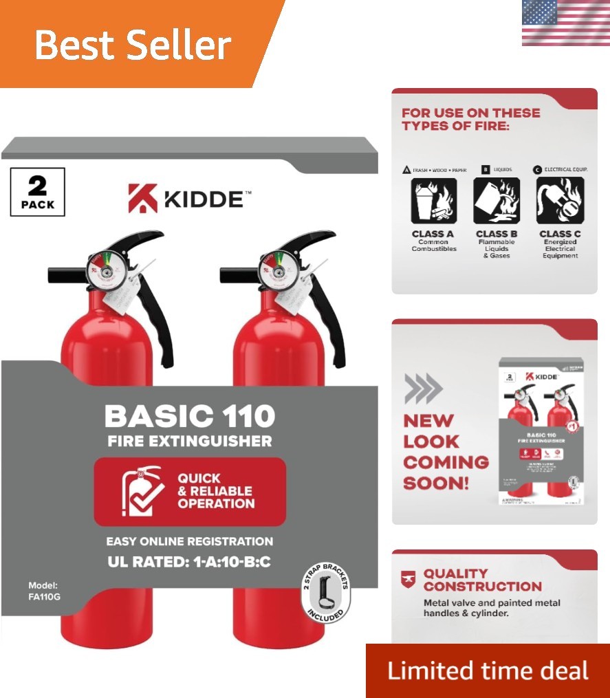 Basic 110 Fire Extinguisher for Home, 1-A:10-B:C, FA110G, 2 Pack | Residentia...