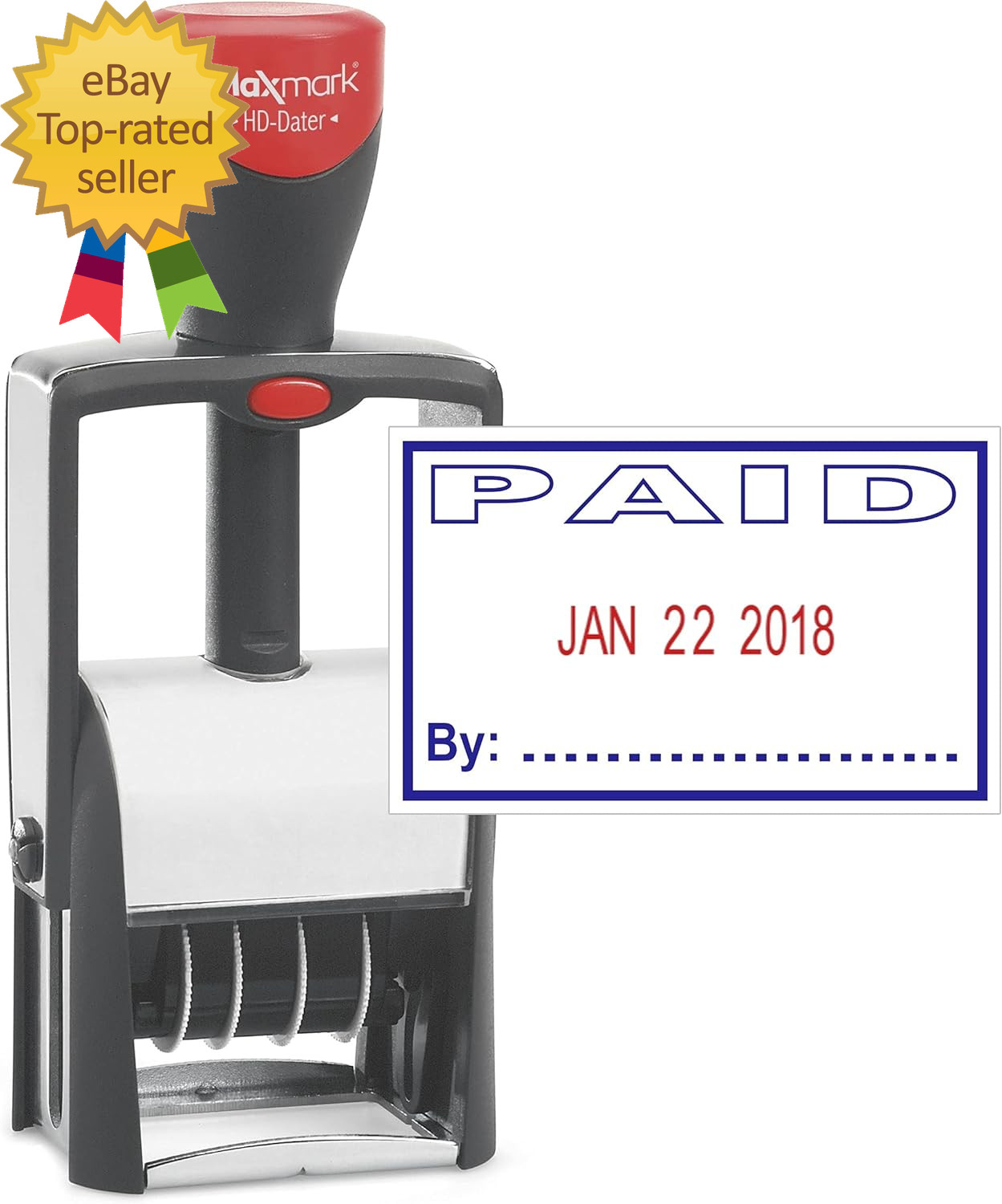 Heavy Duty Self Inking Date Stamp with Phrase Paid   2 Color Blue  Red Ink