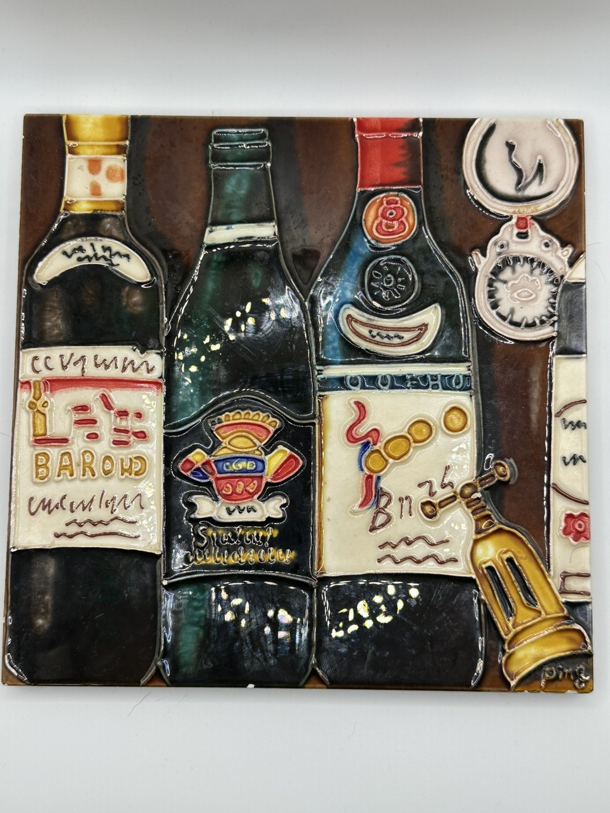 Wine Bottles Glass 8 x 8 Art Tile Signed Ping Handcrafted Wall Trivet