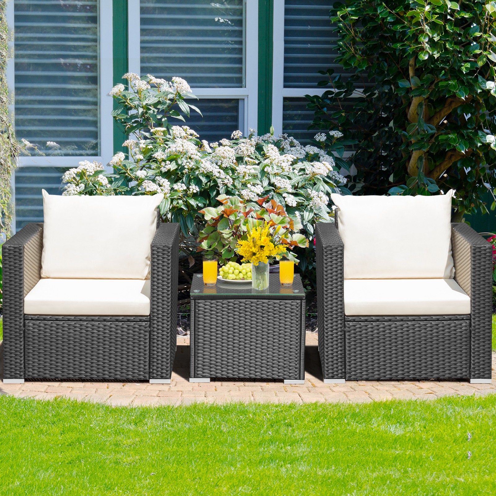 3PCS Rattan Patio Conversation Furniture Set Outdoor Sofa Set w/ Cushions