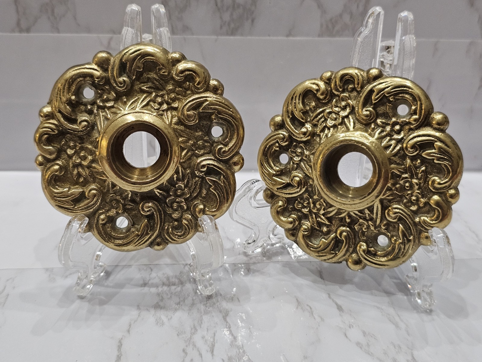 Vintage Victorian Brass Rosette Door Knob Plate Set Ornate Baroque Old Rare HTF