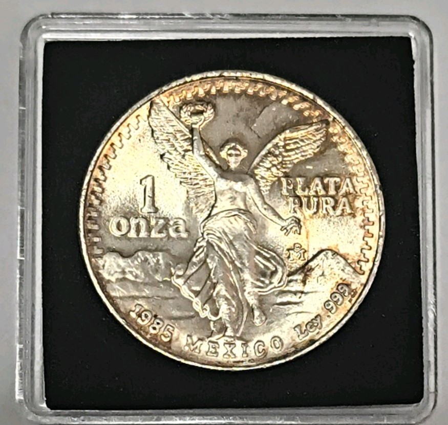 1985 1 Onza Mexico Libertad 0.999 Redish Toning Letterd Outside Rim BU Capsule