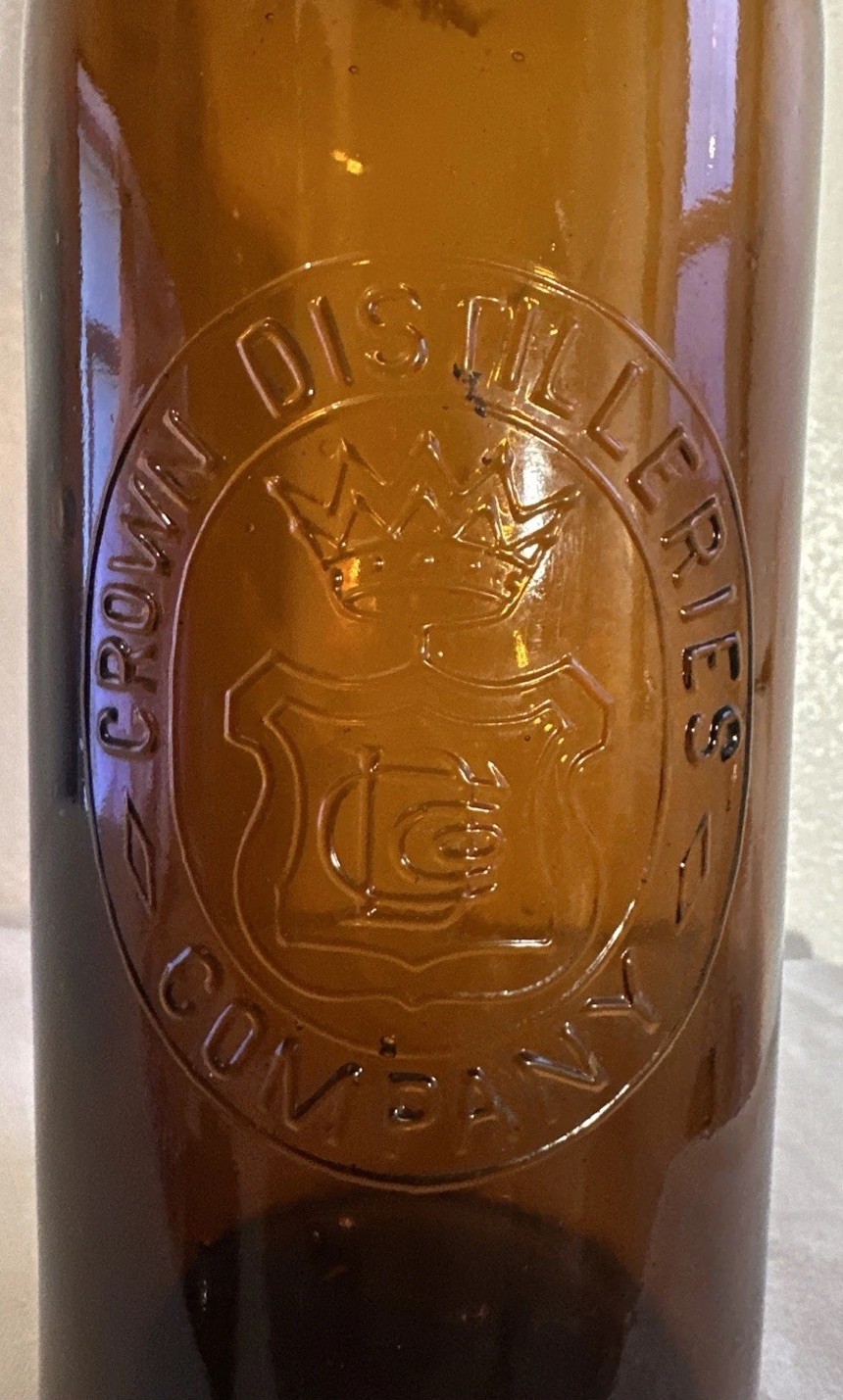 Vintage Crown Distilleries Company Amber Brown  Antique Whiskey Bottle