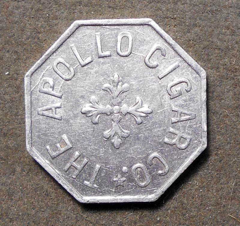 Cincinnati OH: The Apollo Cigar Co.   Good For One 5c Cigar. Aluminum, oct, 19m