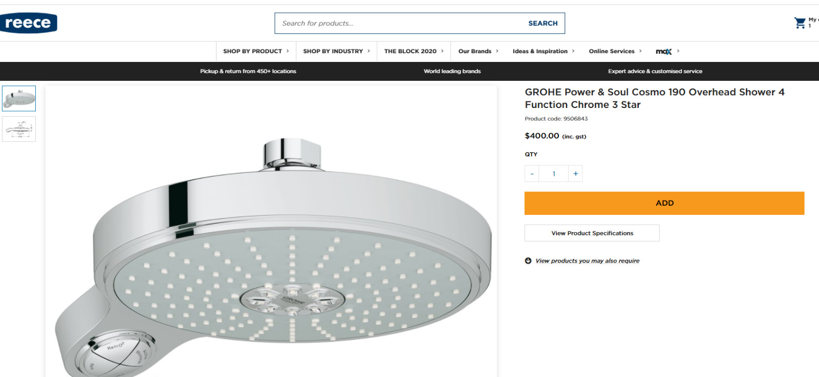 GROHE Power & Soul Cosmo 190 Overhead Shower 4 Function Chrome with Arm