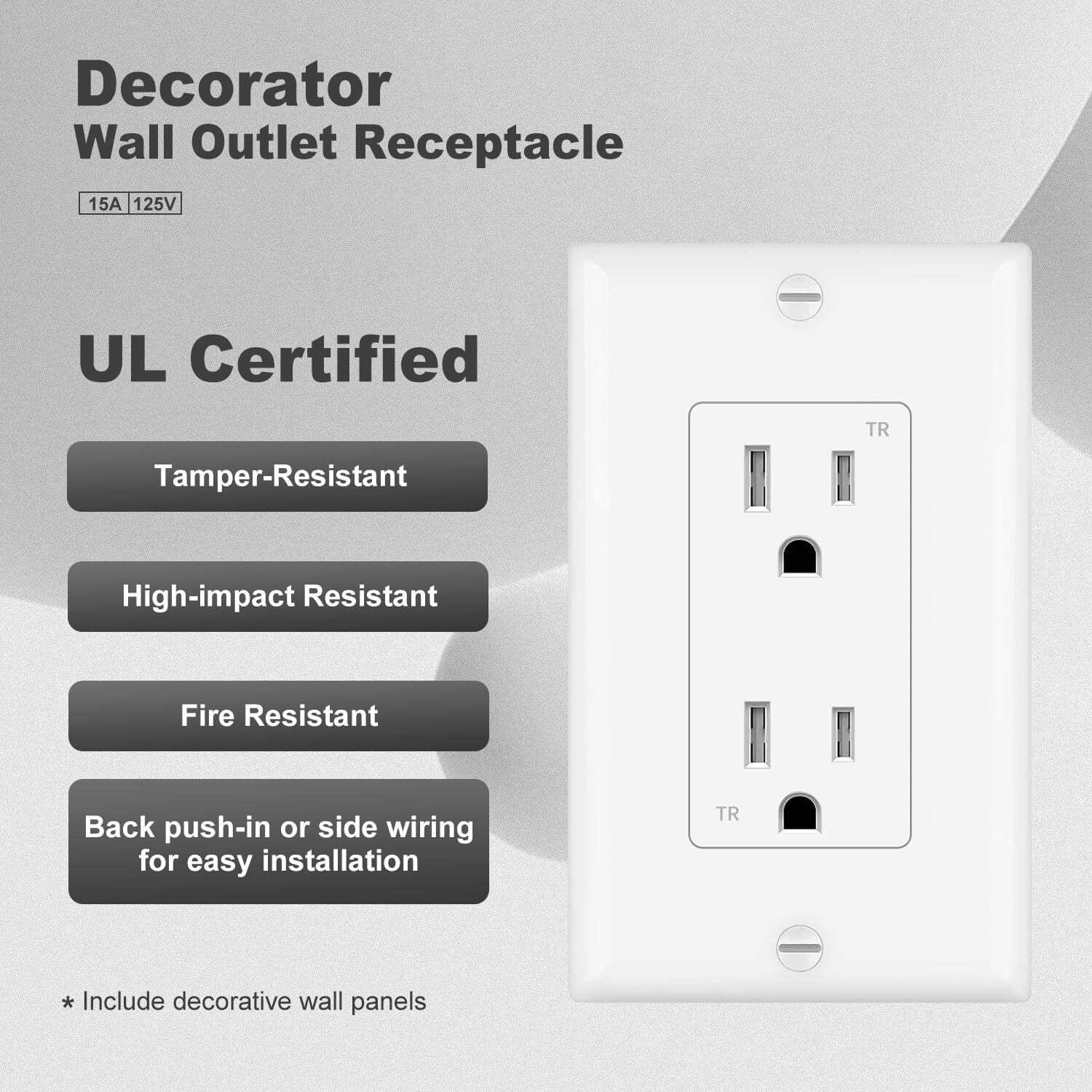 Decorator Receptacle Outlet, Tamper Resistant,15A,20A,with Wallplate,UL Listed