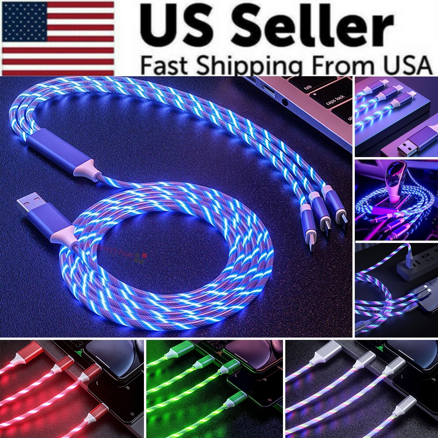 3 in 1 LED Fast Charging Cable Cell Phone Charger Cord For iPhone Type-C USB