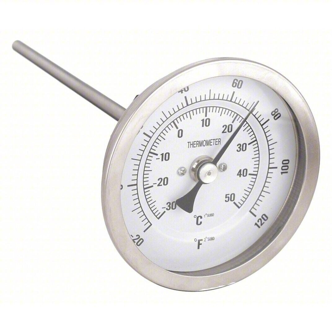Bimetal Thermometer Grainger 1NFY9, 3" Analog Dial, 6" Stem, 0-250 F, -20-120C