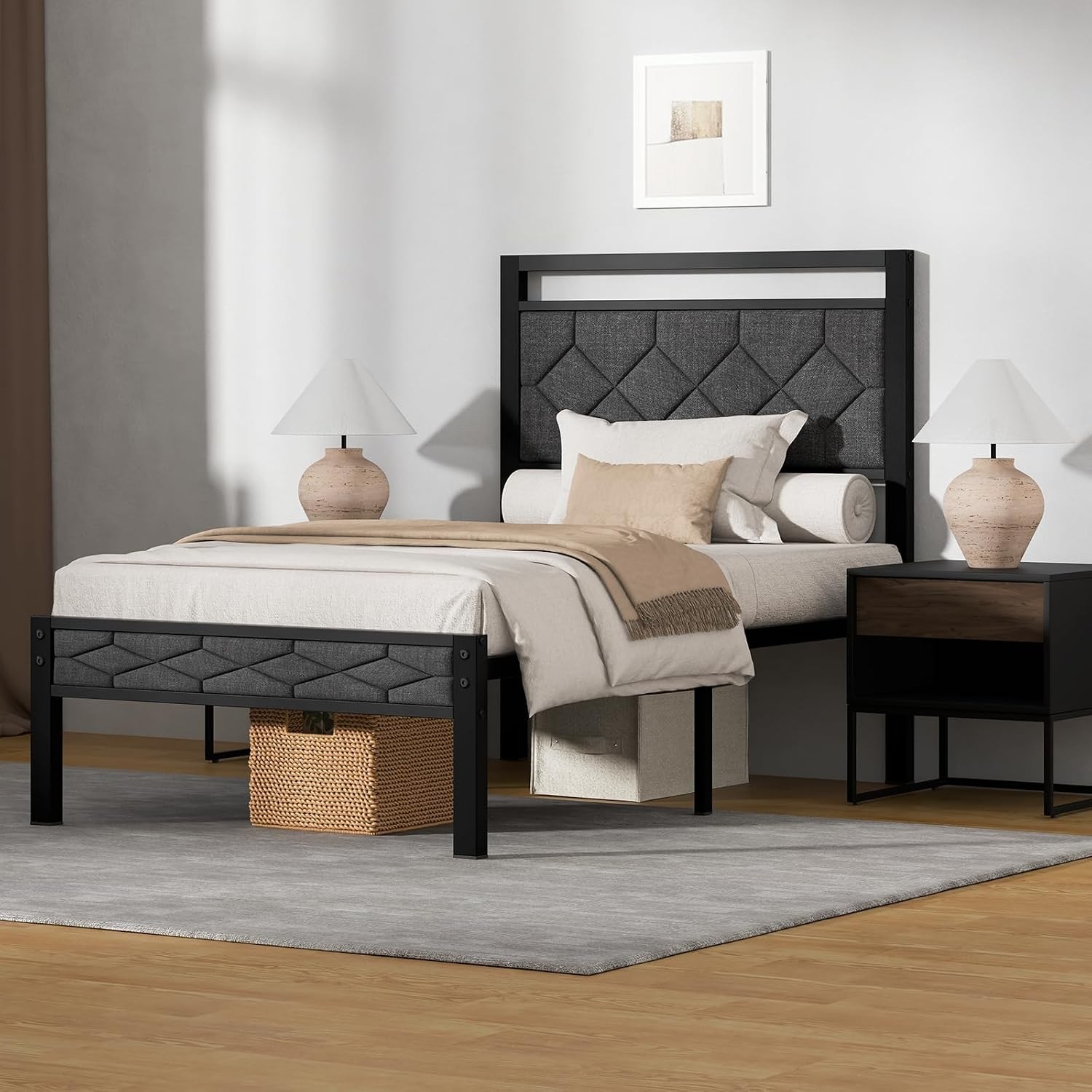 Easy Assembly Upholstered Queen Bed Frame&Soft Padded Headboard | Metal