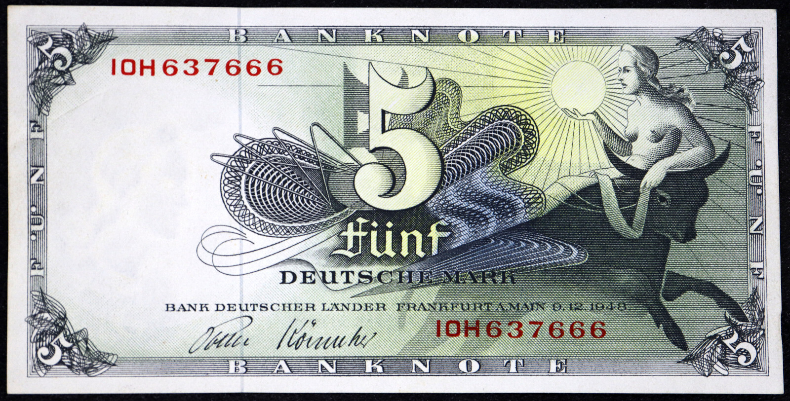 GERMANY 1948 666 Serial! 5 Mark "Topless Europa Riding Bull" P-13e AUNC Banknote