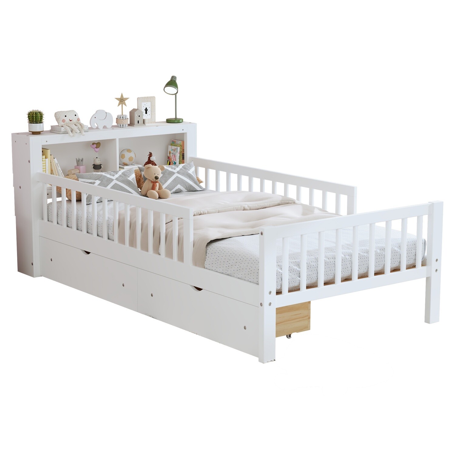 Twin Size Bed Frame Wood Platform Bed Frame with 2 Drawers & Storage Headboard