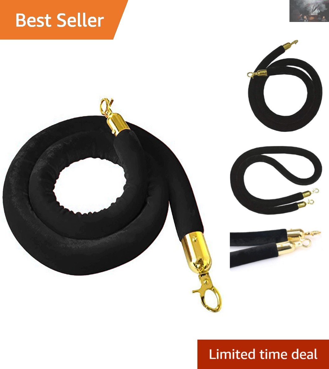 Sophisticated Black Velvet Stanchion Rope with Gilded Hooks for Stylish Events