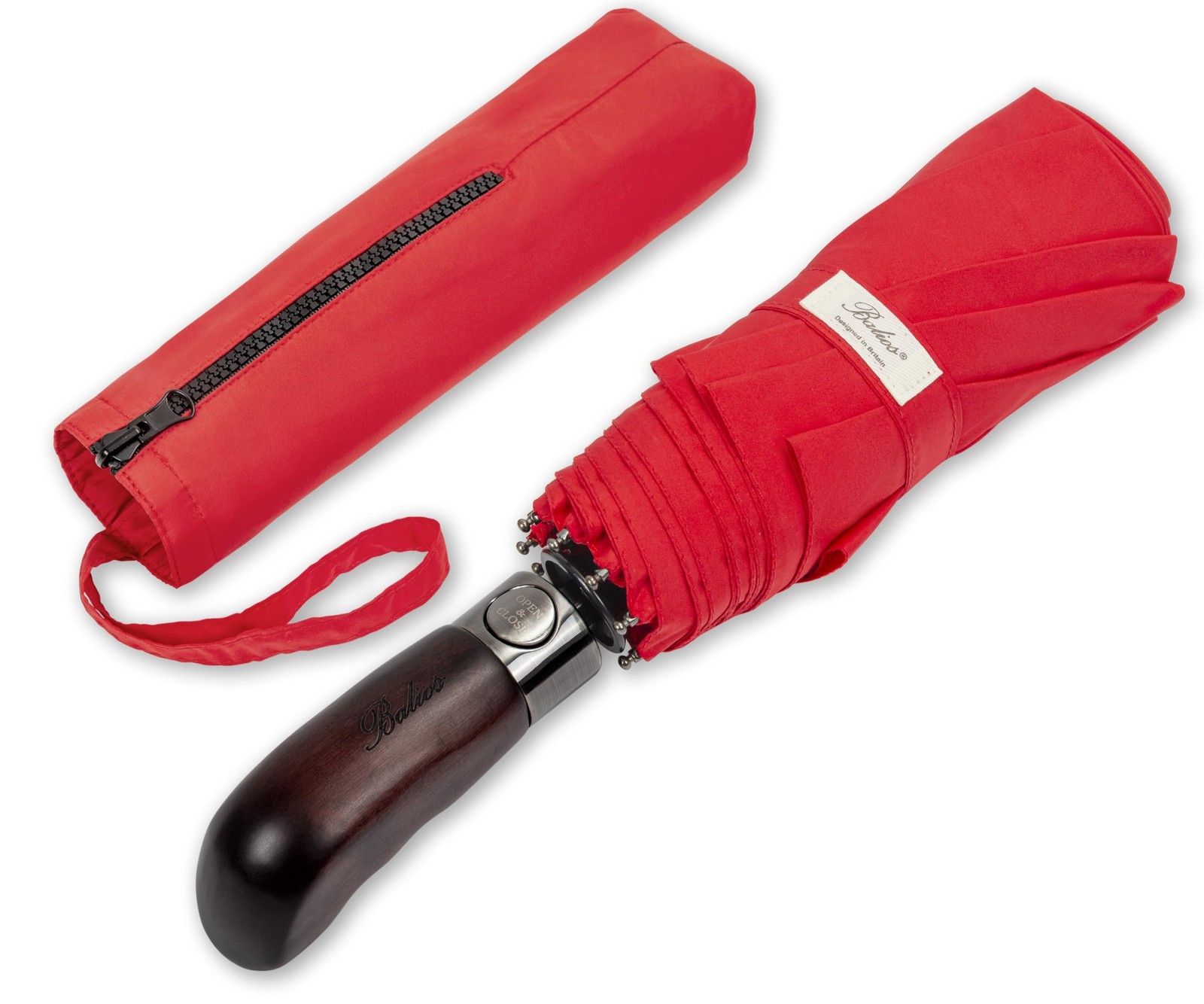 Travel Umbrella with Wood Handle, Auto Open & Close, Windproof Canopy, Red