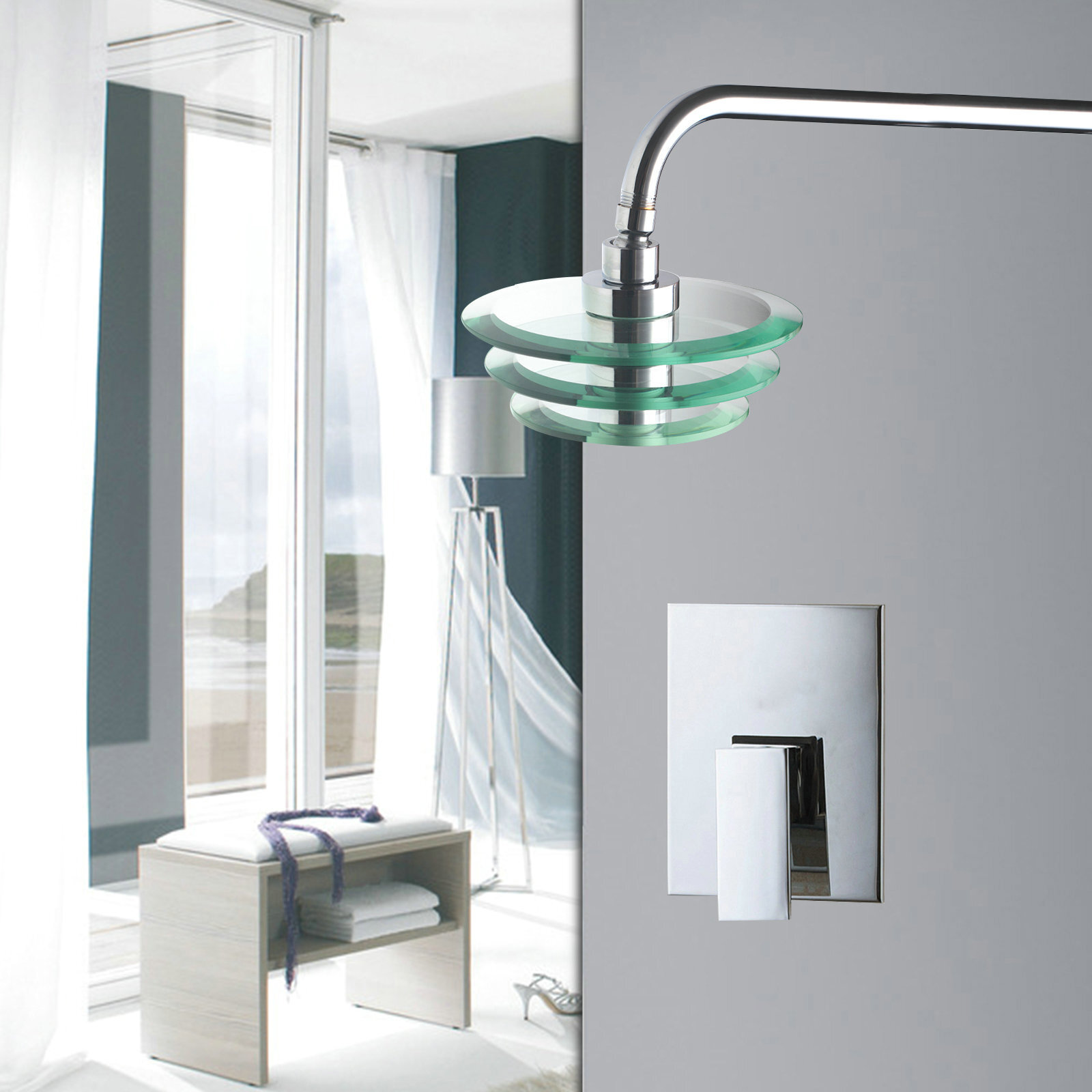 Bathroom Shower Faucet Clear Tempered Glass Rainfall Head Spray Chrome Mixer Tap