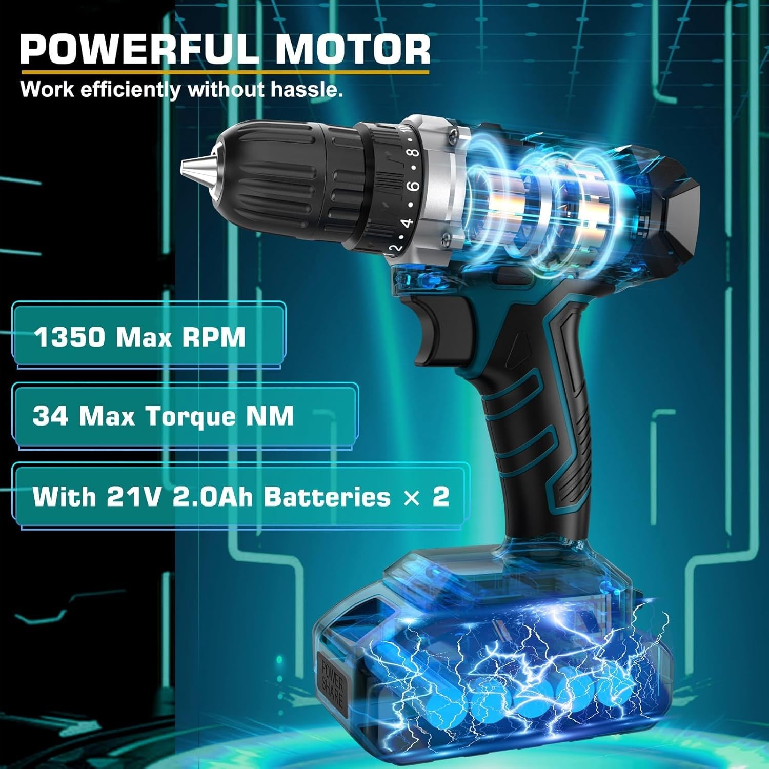 Tool Kit with 21V Cordless Drill - 255-PCs Portable Complete General Basic Ho...