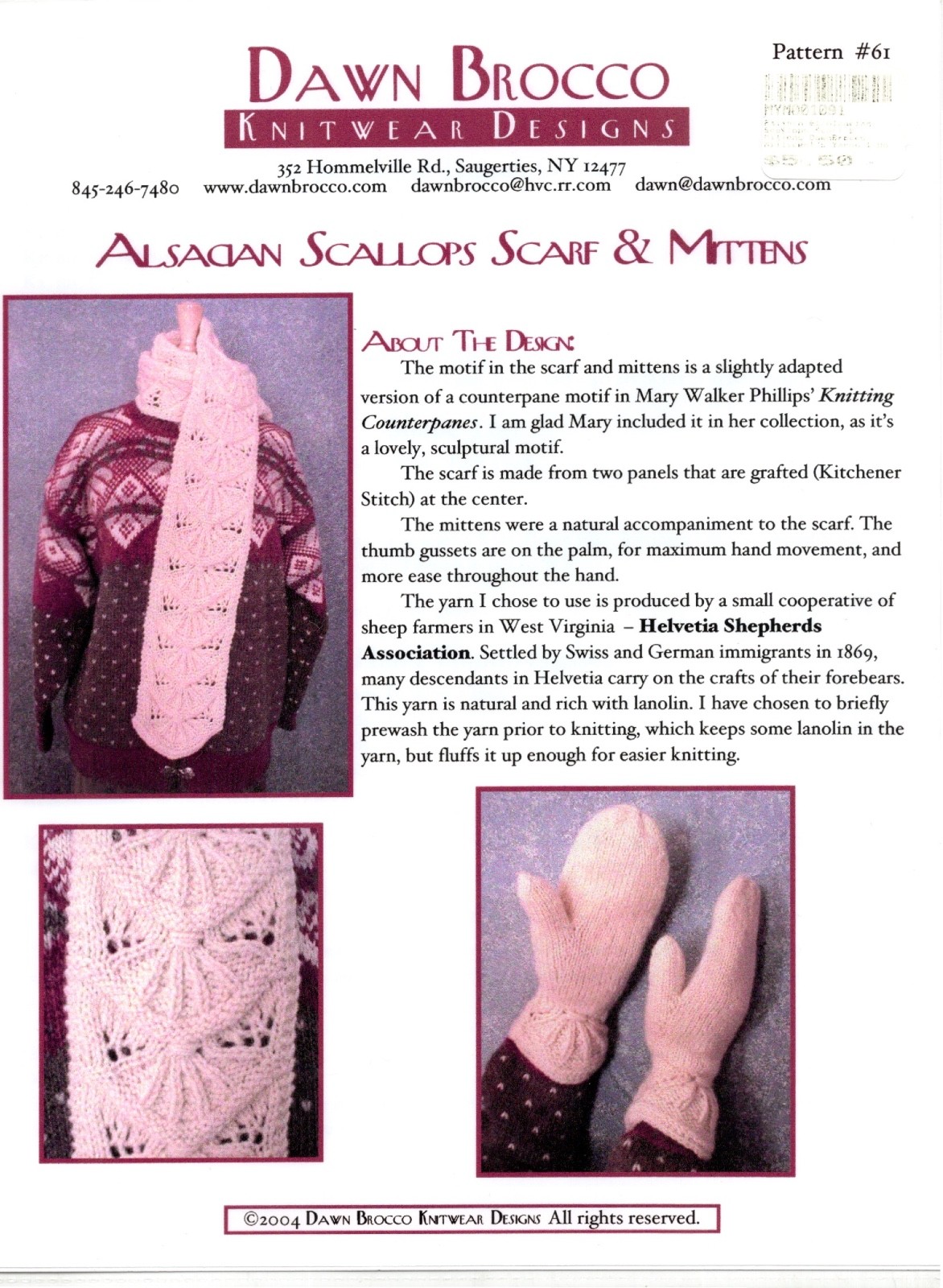 Dawn Brocco Knitting Pattern #61 Alsacian Scallops Scarf & Mittens