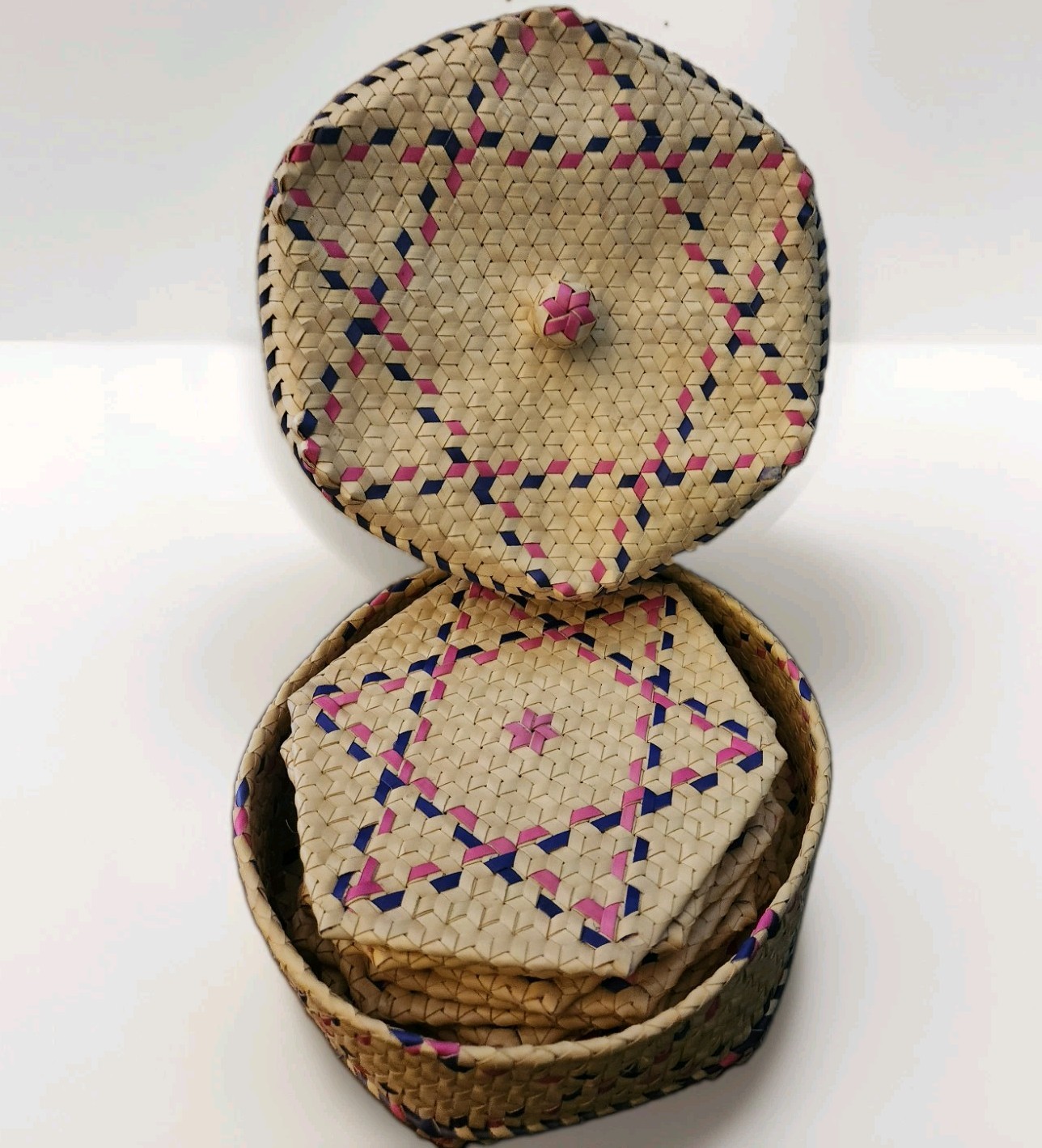 Vintage Basket Hand Woven Rattan With Lid and mats (Set of 14)