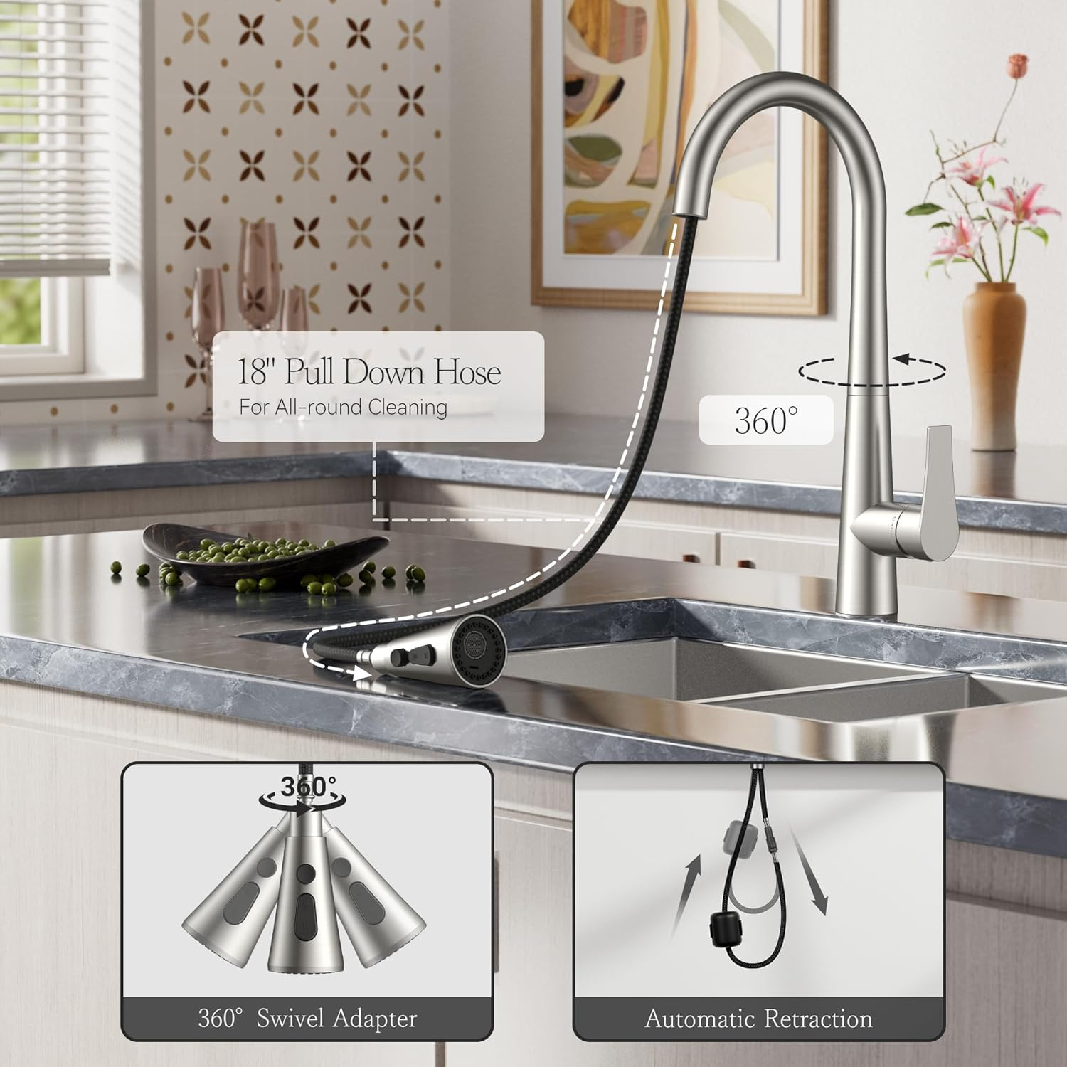 Brushed Nickel High Arc Kitchen Faucet with 3-Mode Pull Down Sprayer