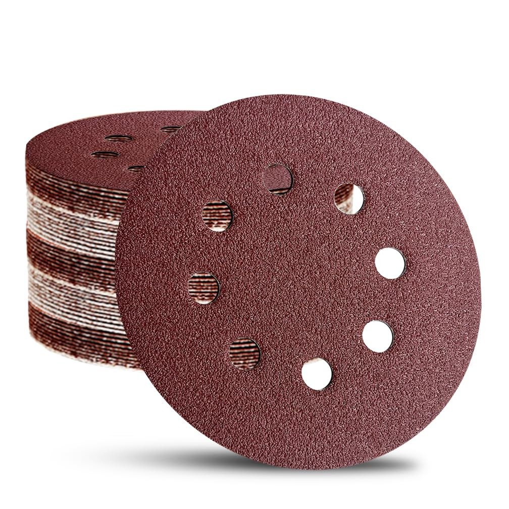 44 Pack 5 Inch 8-Hole Hook and Loop Sanding Discs Sandpaper Red Round 60 Grit...