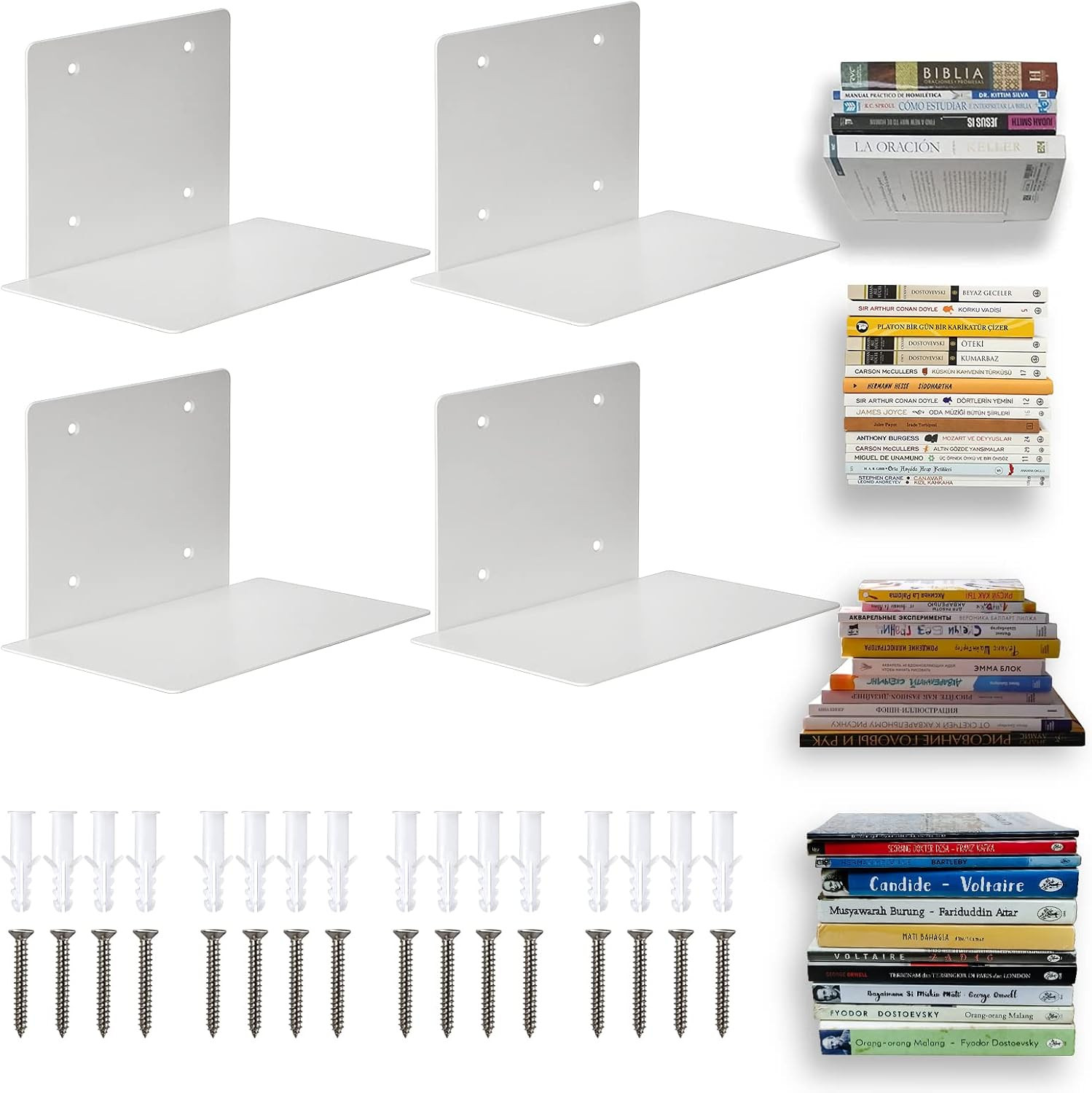 Invisible Floating Wall Bookcase - Set of 4 | Heavy Duty Steel Book Wall Shelf |