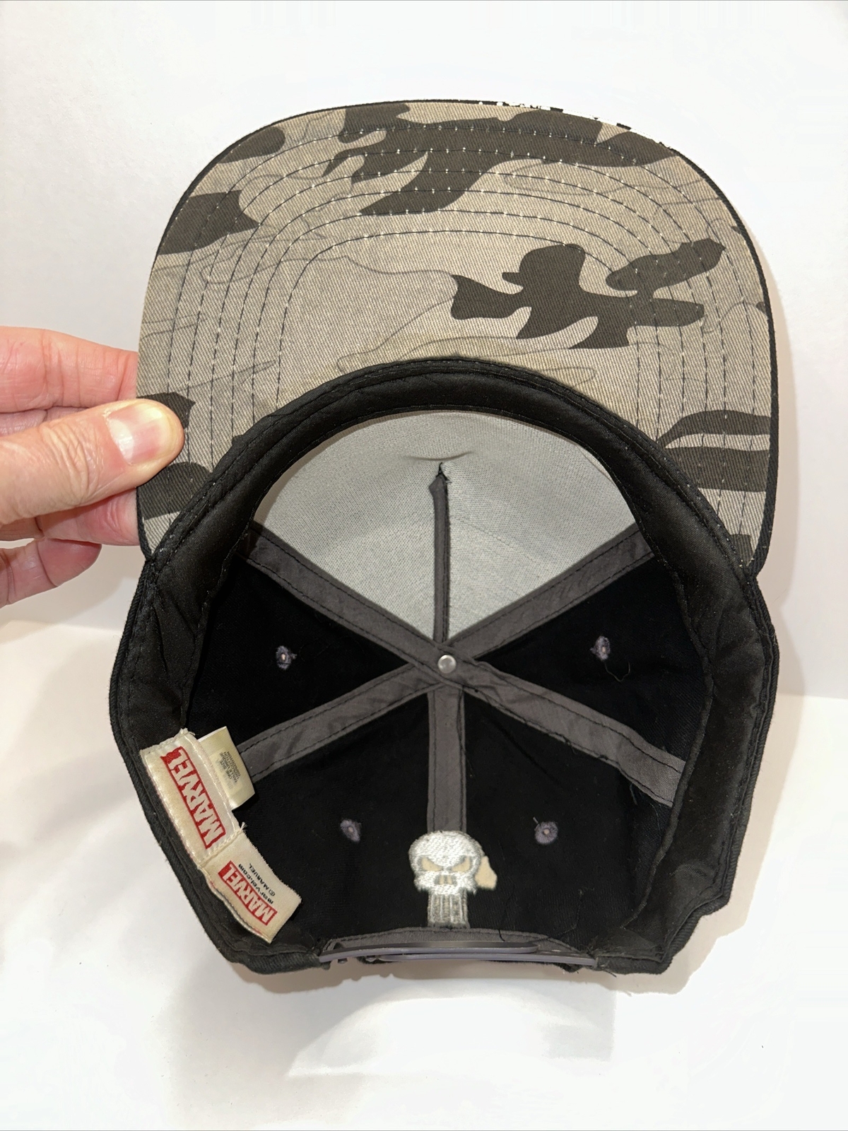 Punisher Marvel Black Hat Cap with White Skeletal Key Logo Front Back Snapback