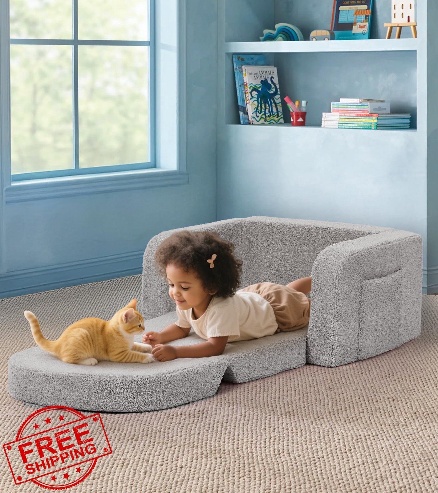 Kids Couch Toddler 2-in-1 Grey Rainbow Fold Out Soft Sofa Bed