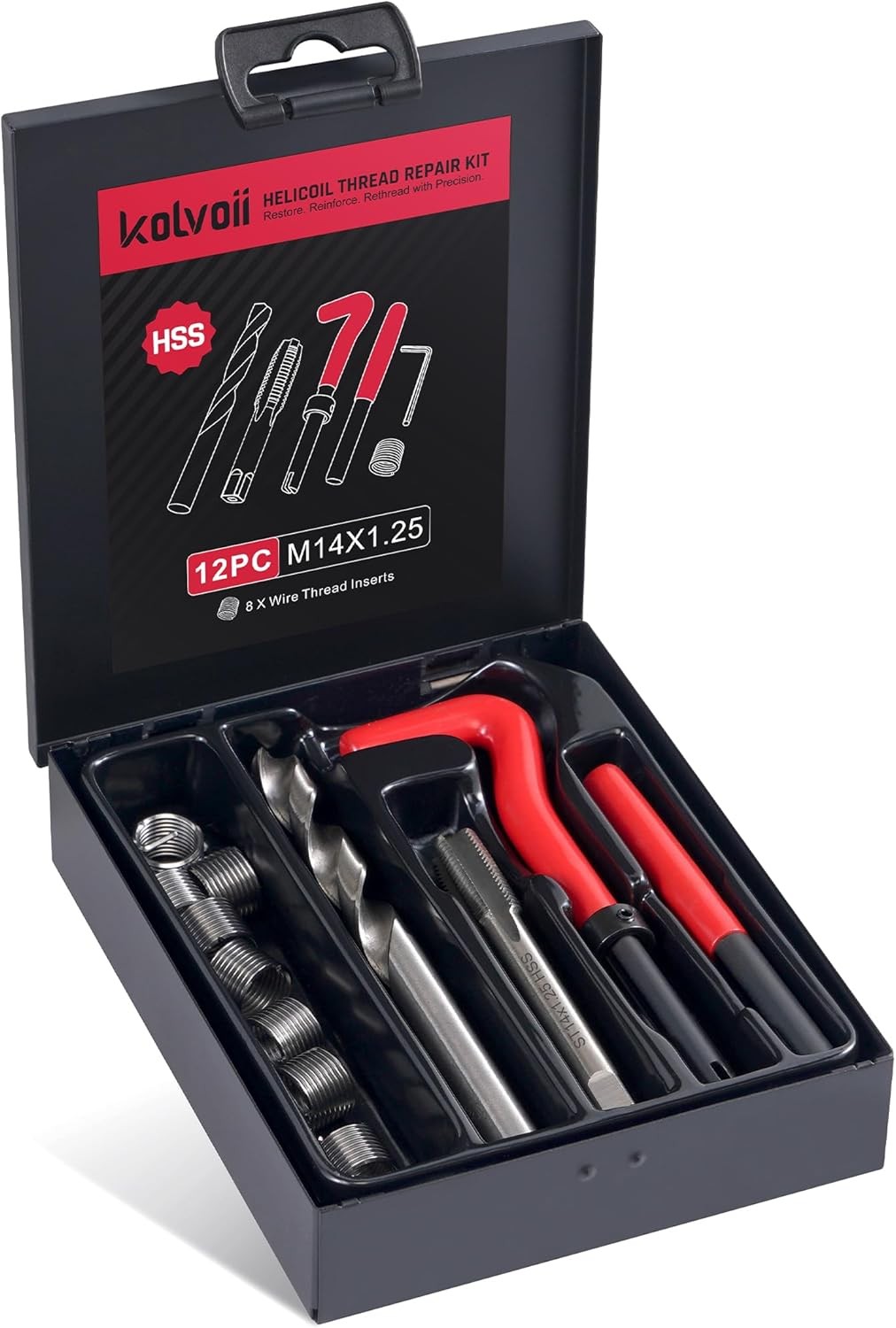 Kolvoii M14X1.25 Thread Repair Kit Metric Helicoil with Tap Drill & Case