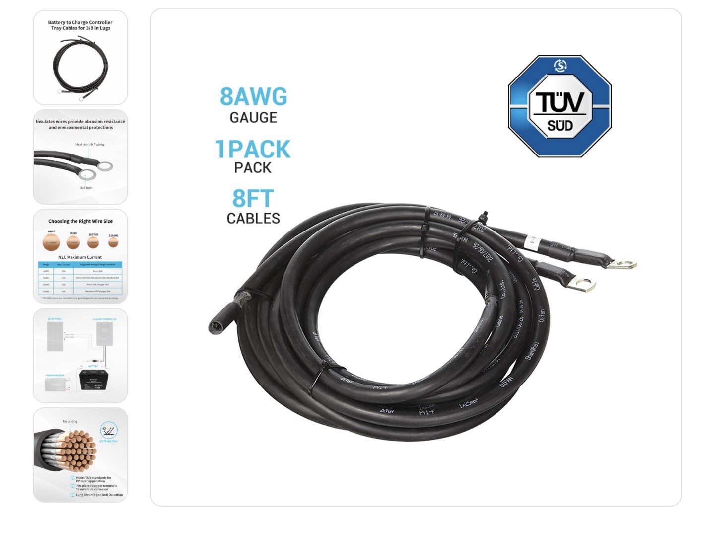 Renogy Battery to Charge Controller Tray Cables for 3/8 in Lugs 8 AWG 8”