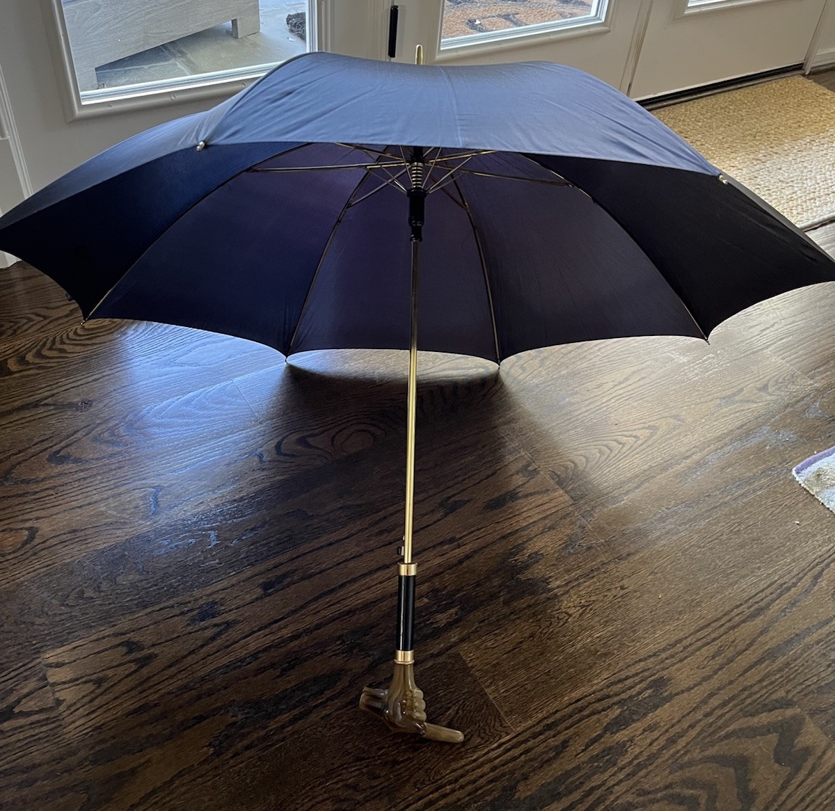 Vintage Comoys of London Black Umbrella With Pointing Hand Handle and Sleeve