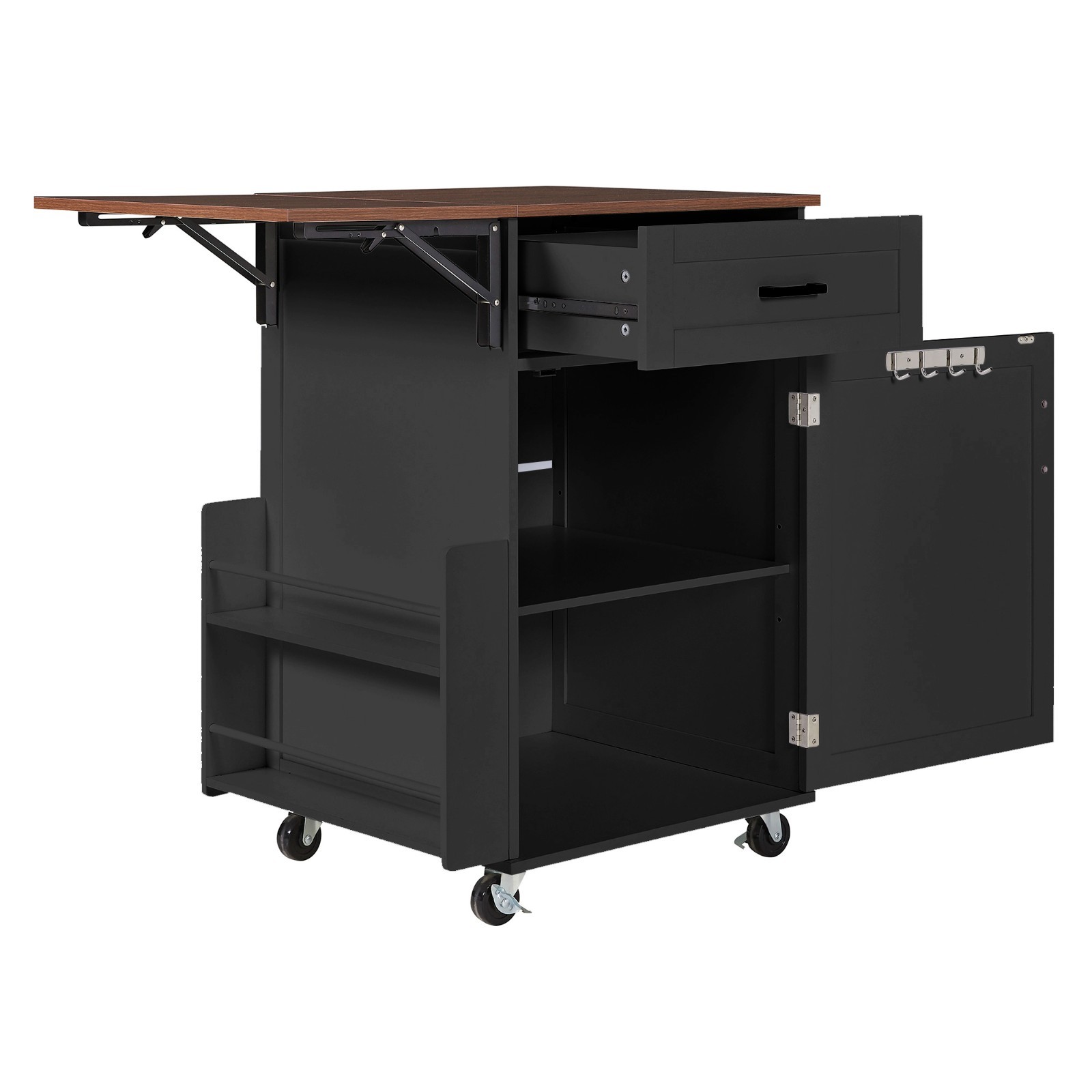 Rolling Kitchen Island Cart Storage Cabinet with Drop Leaf and Side Rack