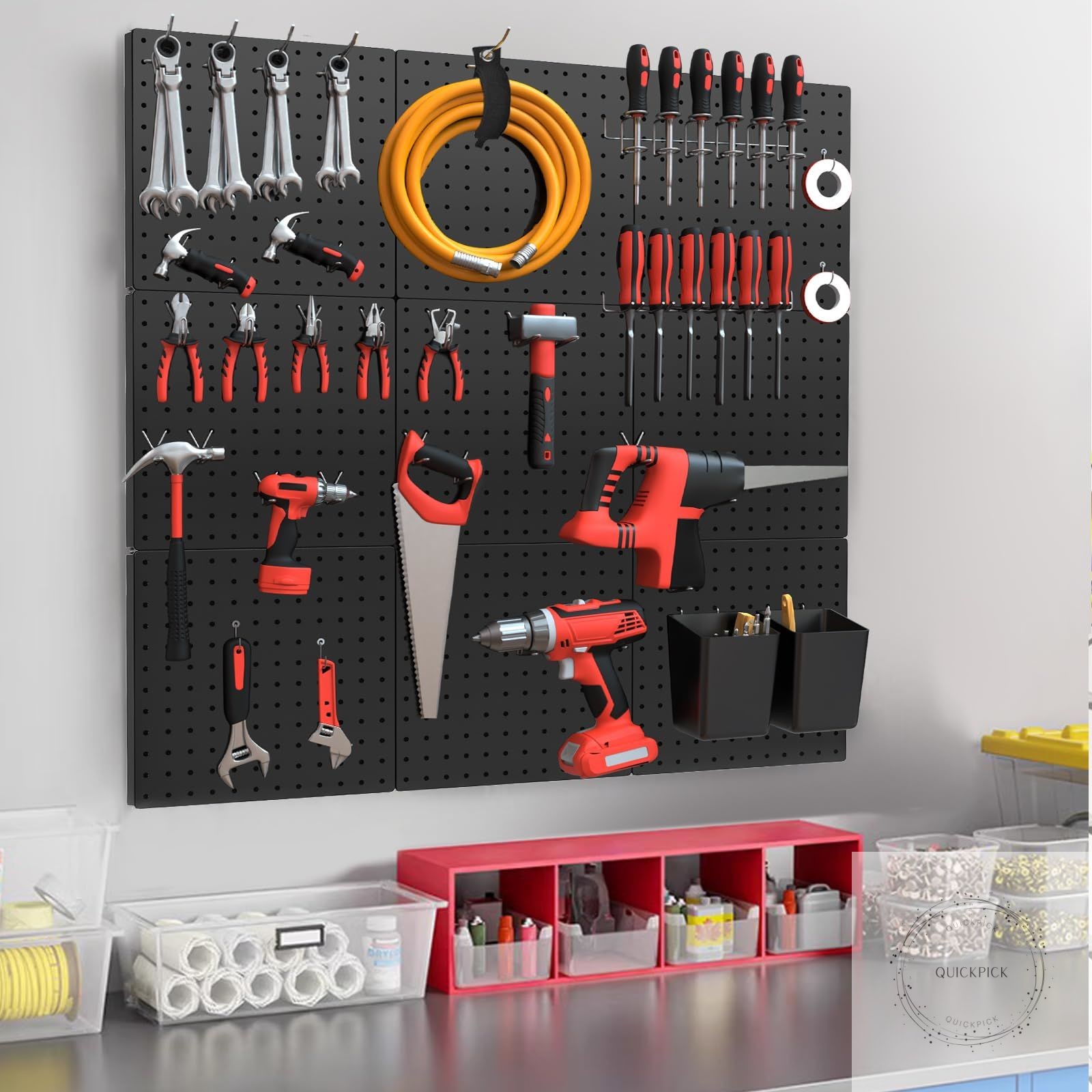 Peg Board, 4 Pack Metal Pegboard Kit,Black Pegboard Wall Organizer with 32 Pcs